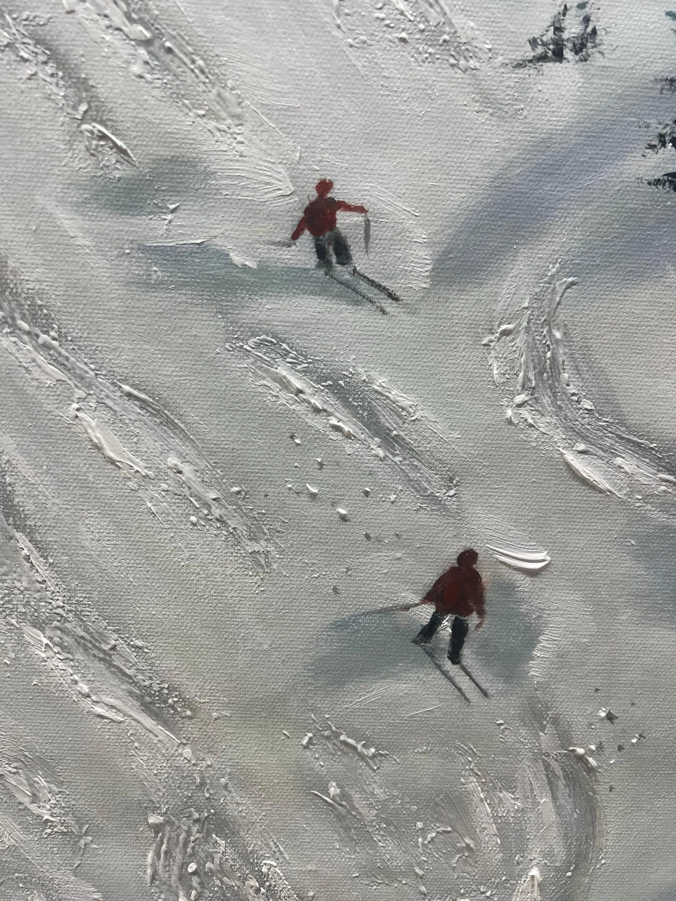 Alpine Trails – Hand-Painted Aerial View Skiers 3D Textured Snow Mountain Sport Painting | Contemporary Mountain Living Room & Home Office Art