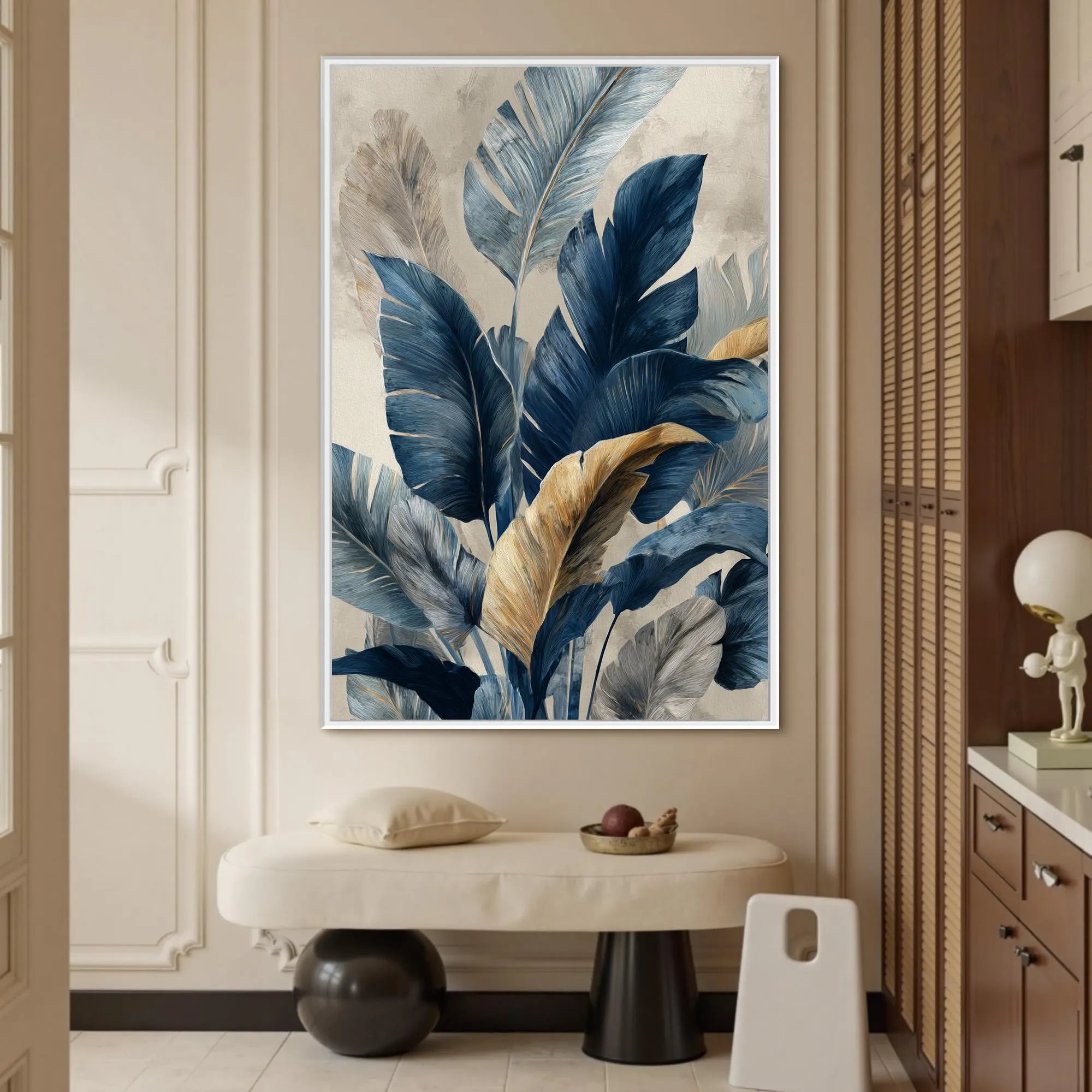 Midnight Jungle – Hand-Painted Navy Blue and Gold Foil Banana Leaf Floral Painting | Modern Luxury Botanical Bedroom & Living Room Art