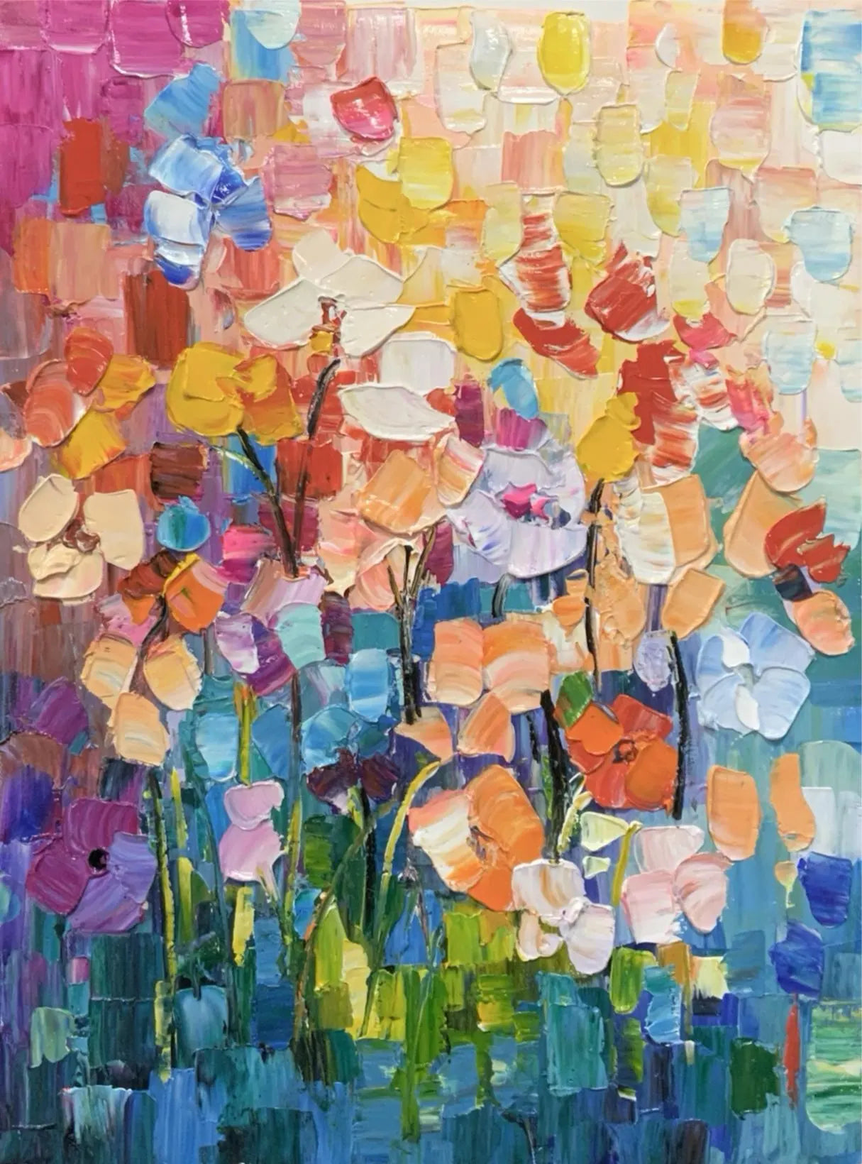 Vibrant Meadow – Hand-Painted Multicolored Rainbow Palette Knife Floral Painting | Vibrant Botanical Living Room & Dining Room Art