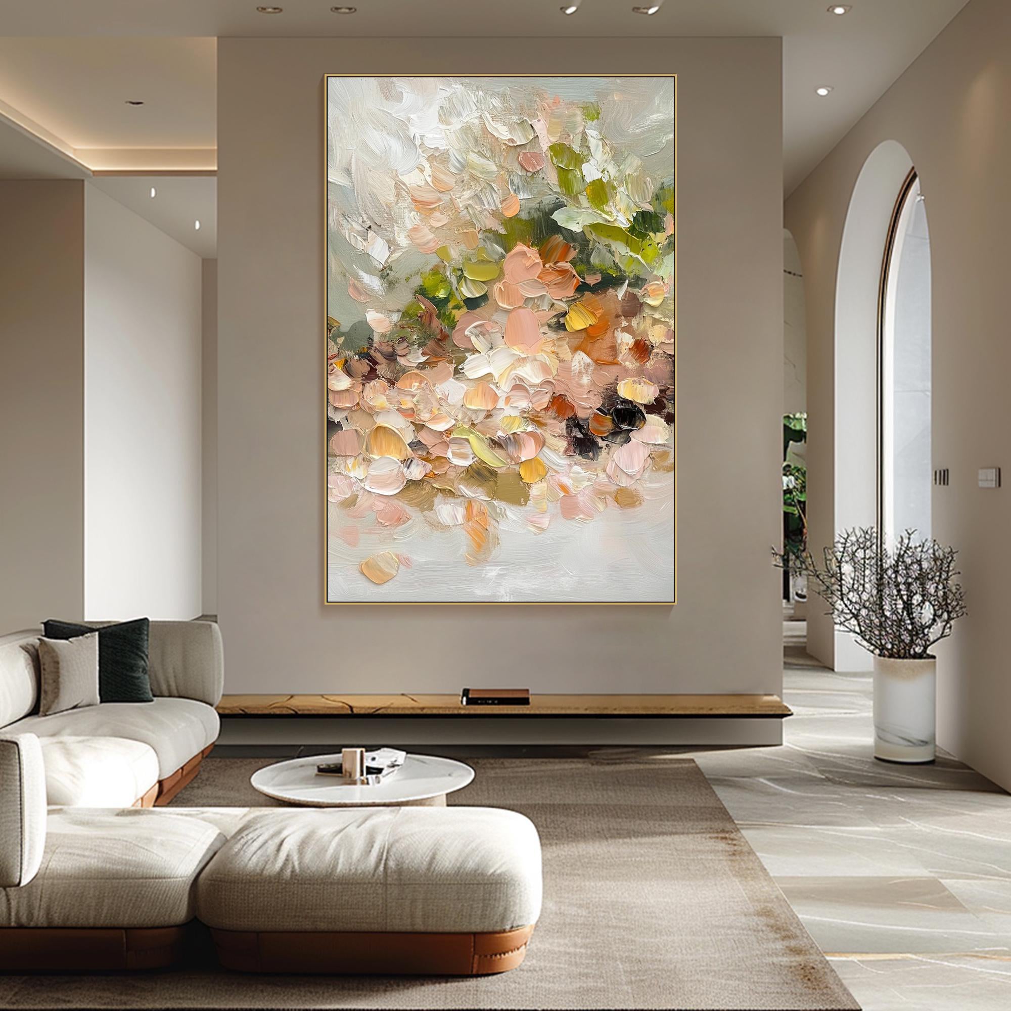 Creamy Meadow – Hand-Painted Minimalist Beige and Apricot 3D Floral Painting | Soft Organic Botanical Bedroom & Living Room Art
