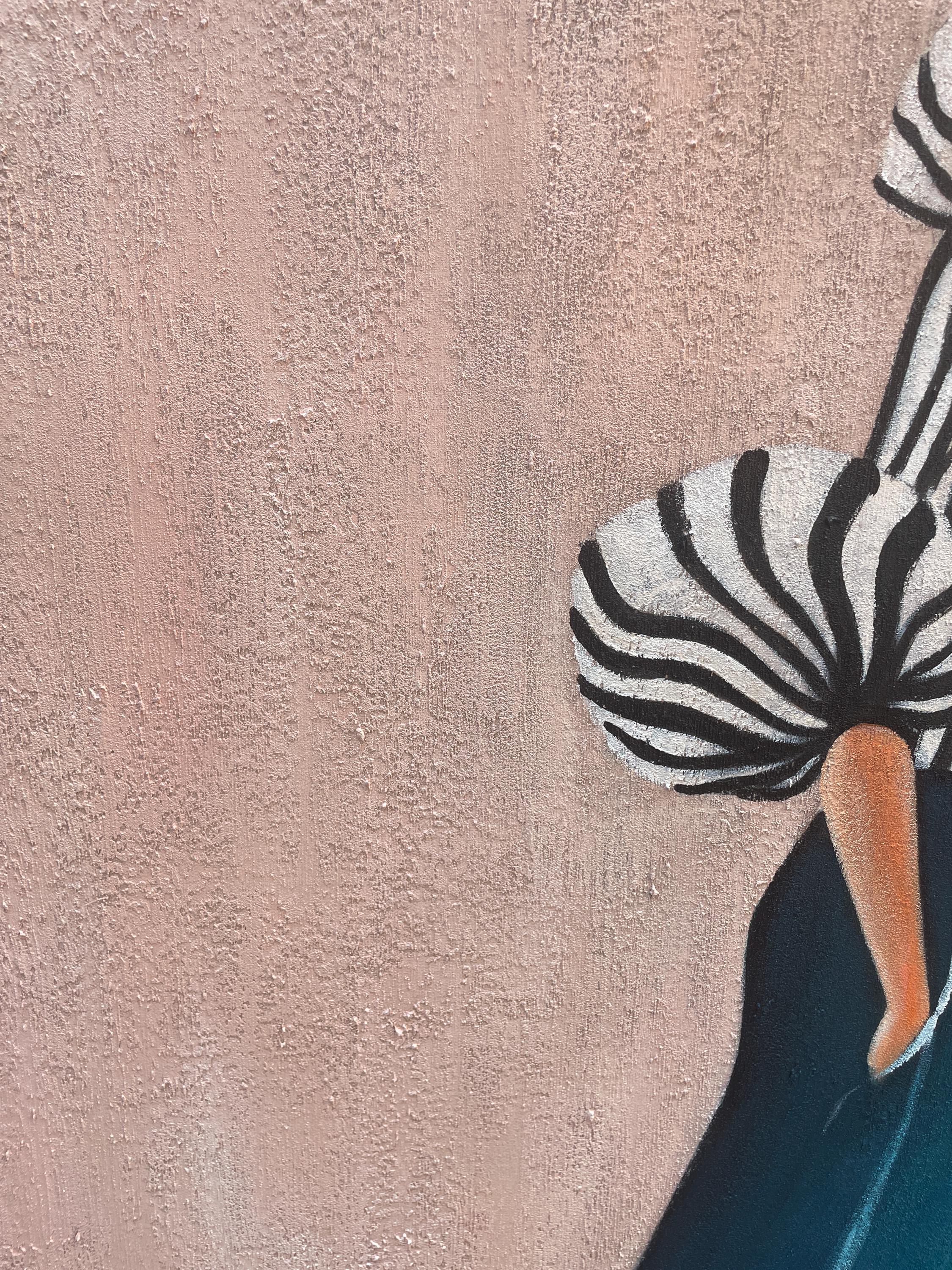 The Urban Stride – Avant-Garde Zebra Striped & Teal Figures Painting | Chic Dusty Pink Living Room Art