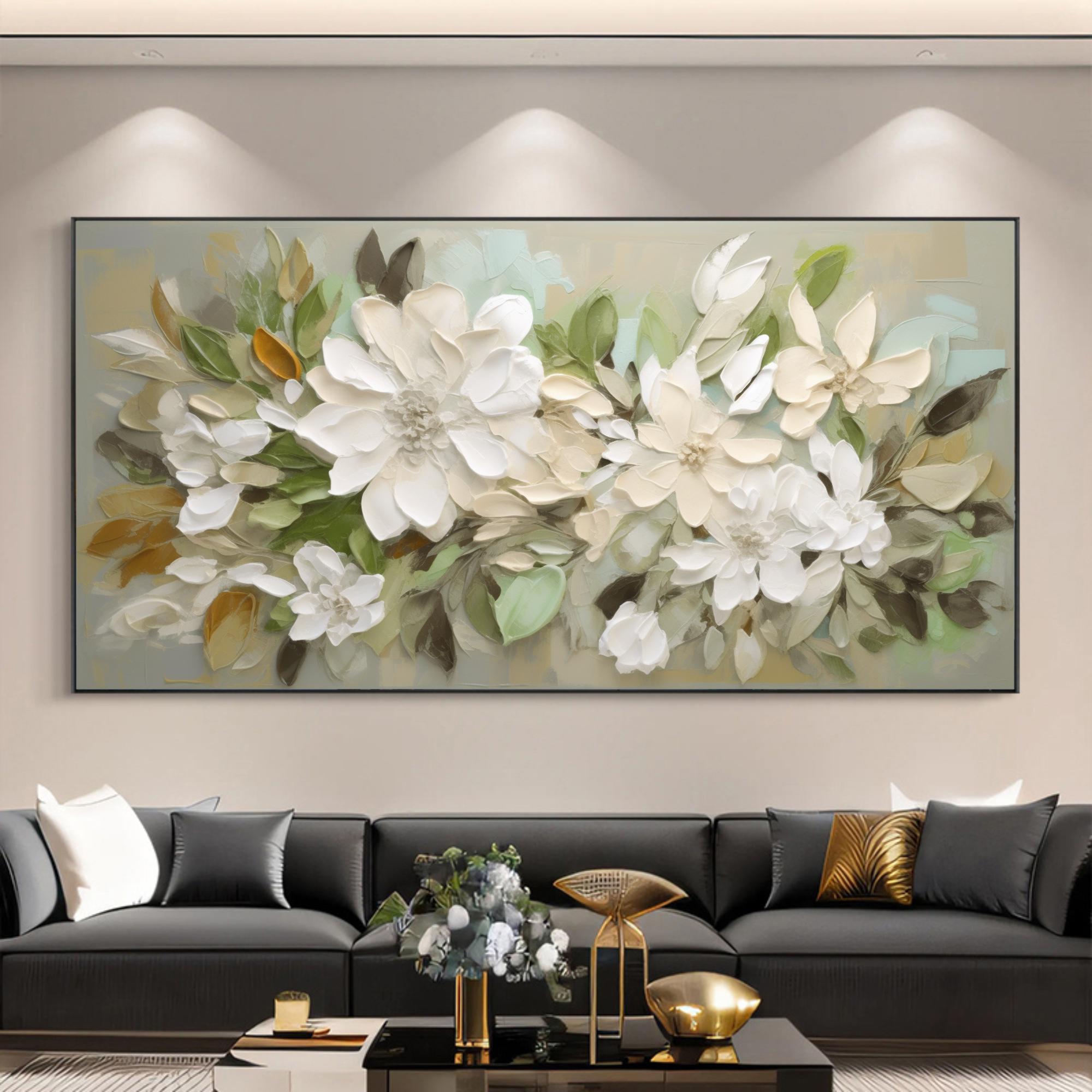 Magnolia Mist – Hand-Painted Sage Green and Off-White 3D Impasto Plaster Relief Floral Painting | Tropical Botanical Bedroom & Dining Room Art