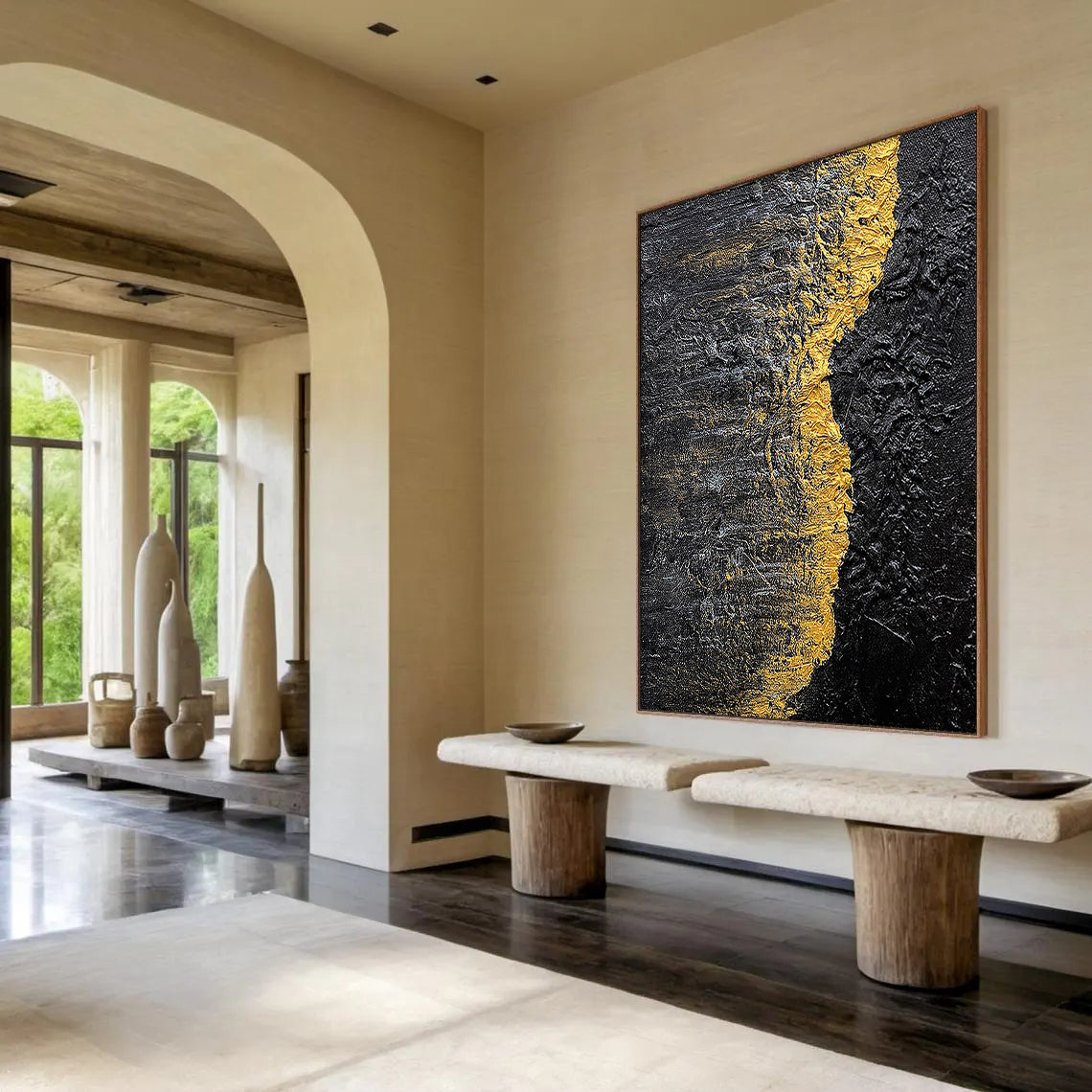 Golden Rift – Heavy Impasto Black and Gold Abstract Art | Luxury Minimalist Living Room Art