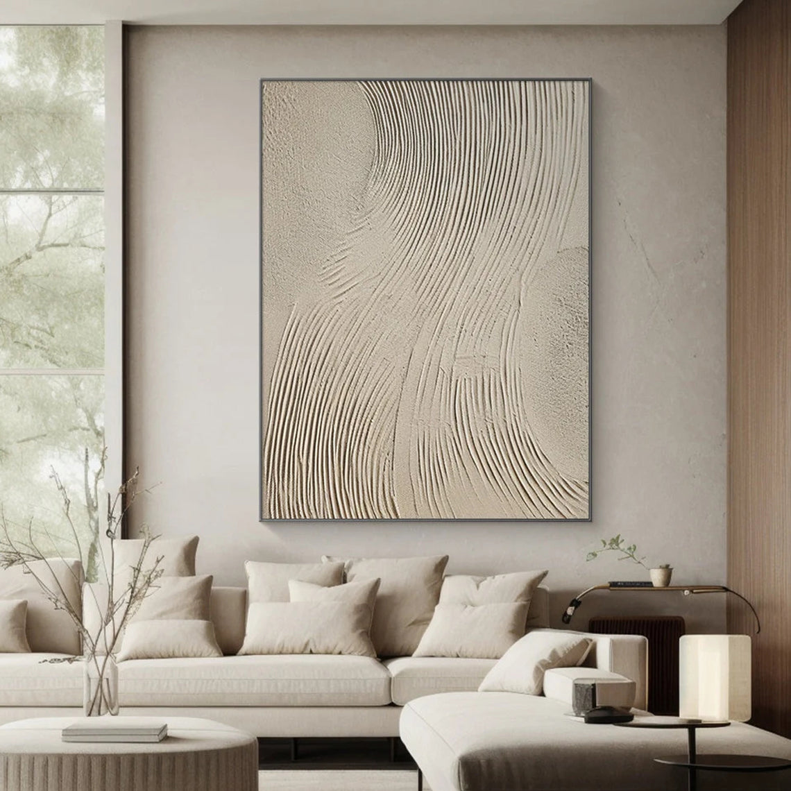 Desert Rhythm – Hand-Painted Minimalist Beige Linear Plaster Relief Wabi-Sabi Painting | Japandi Organic Wabi-Sabi Living Room & Hallway Art