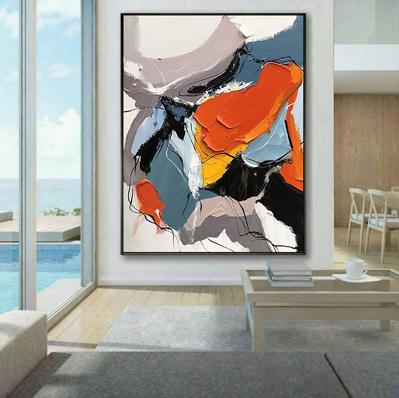 Vibrant Energy – Hand-Painted Bold Orange and Slate Grey Palette Knife Abstract Painting | Bold Abstract Palette Knife Living Room Art