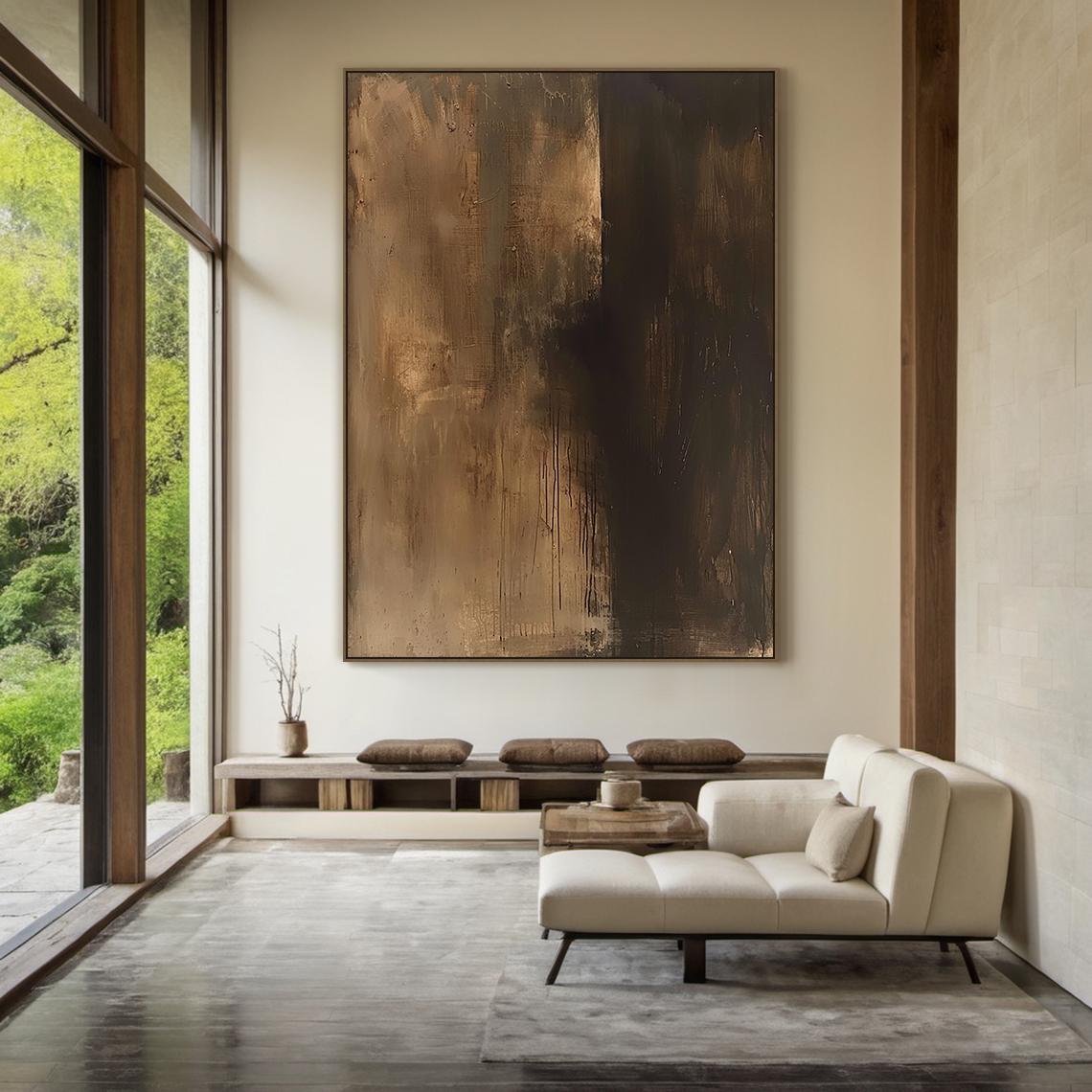Earthen Shadow – Hand-Painted Deep Coffee Brown Plaster Effect Wabi-Sabi Painting | Japandi Wabi-Sabi Living Room & Bedroom Art