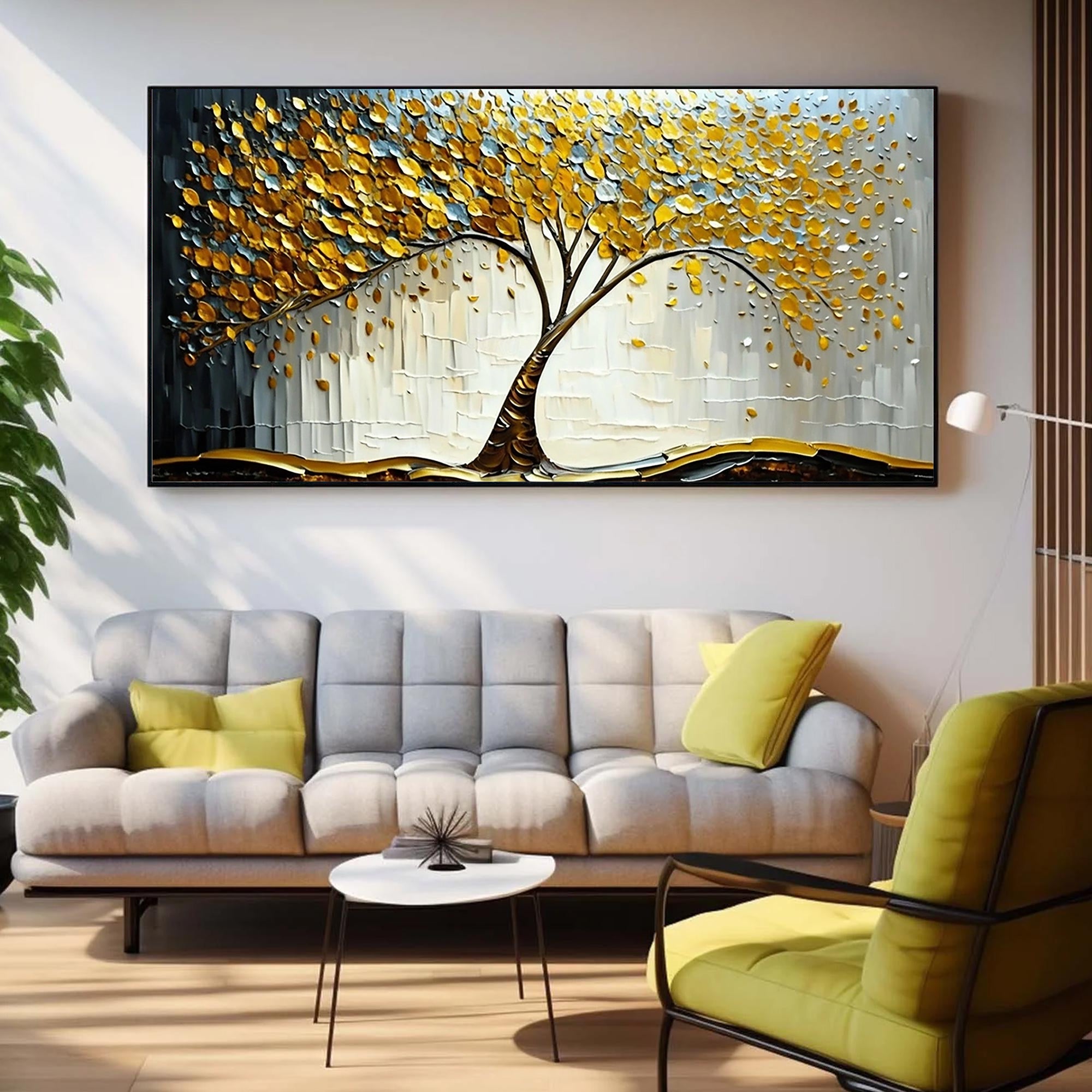 Golden Prosperity – Modern Luxury Oil Painting | Impasto Gold Leaf Tree of Life Living Room Art