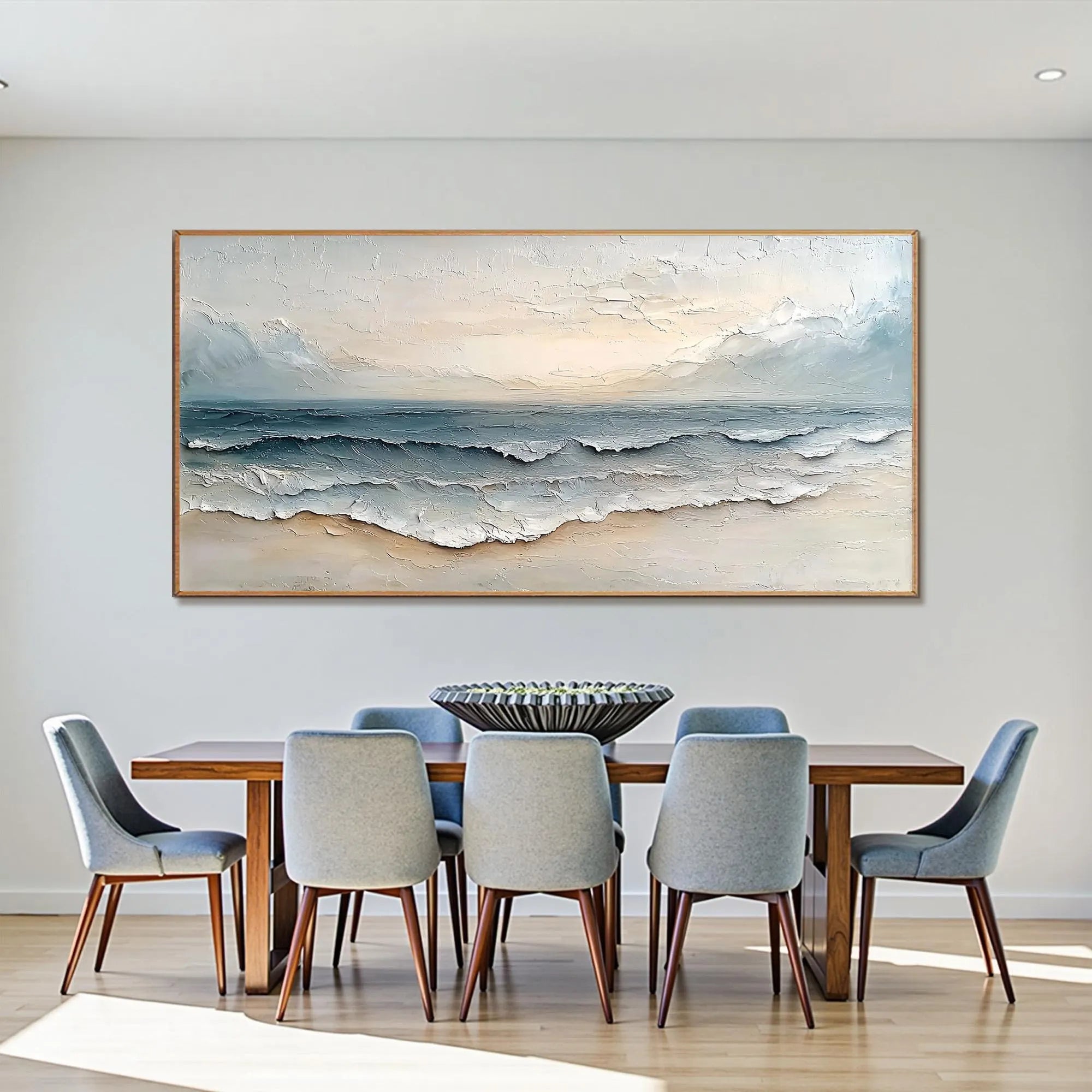 CREAMY SHORE: Texture Wall Art, Hand-Painted Horizontal Off-White and Pale Blue 3D Textured Coastal Canvas Art