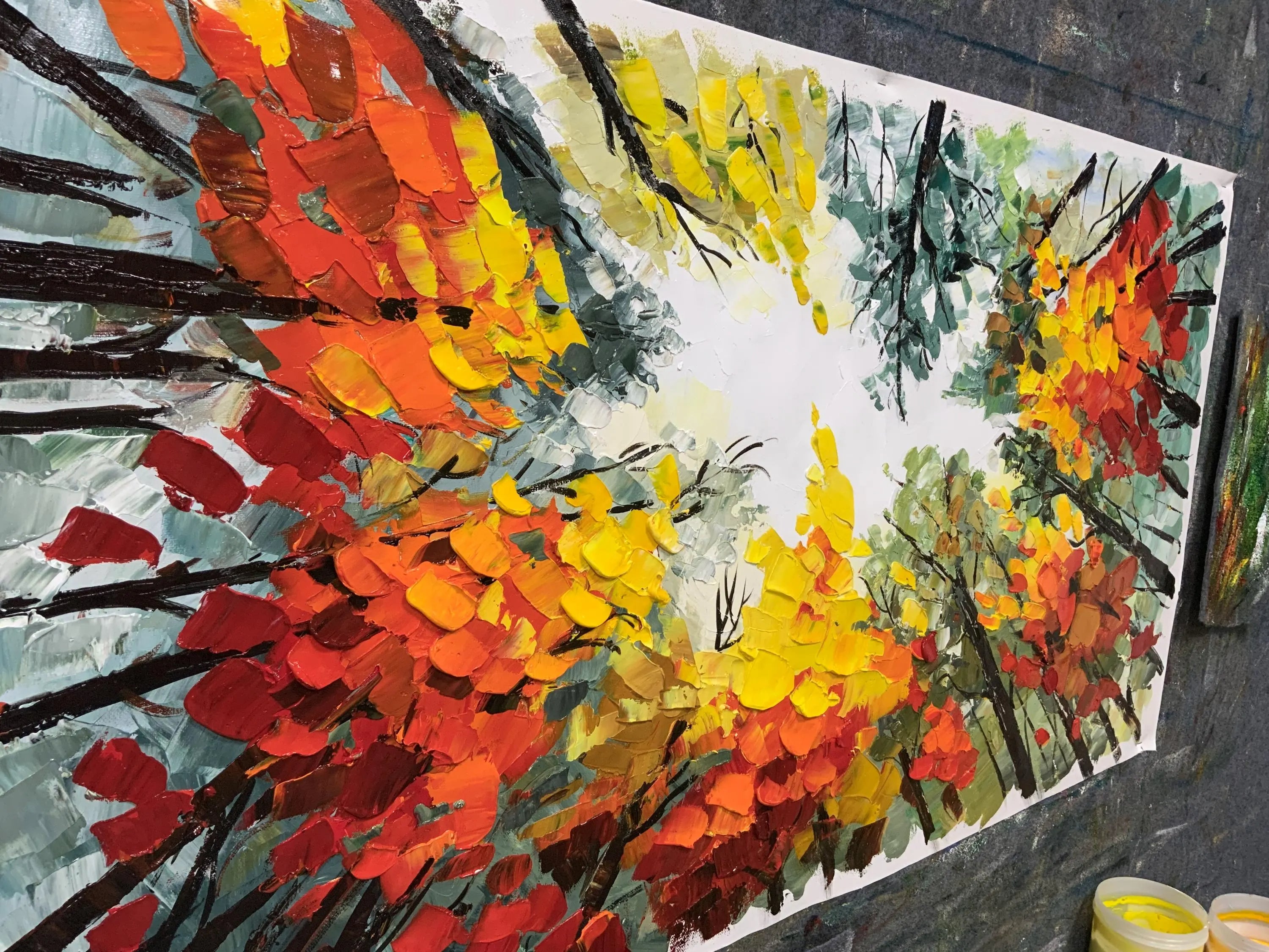 Autumn Canopy – Hand-Painted Worm's-Eye View Autumn Tree Leaves Palette Knife Forest Painting | Contemporary Landscape Living Room & Dining Room Art