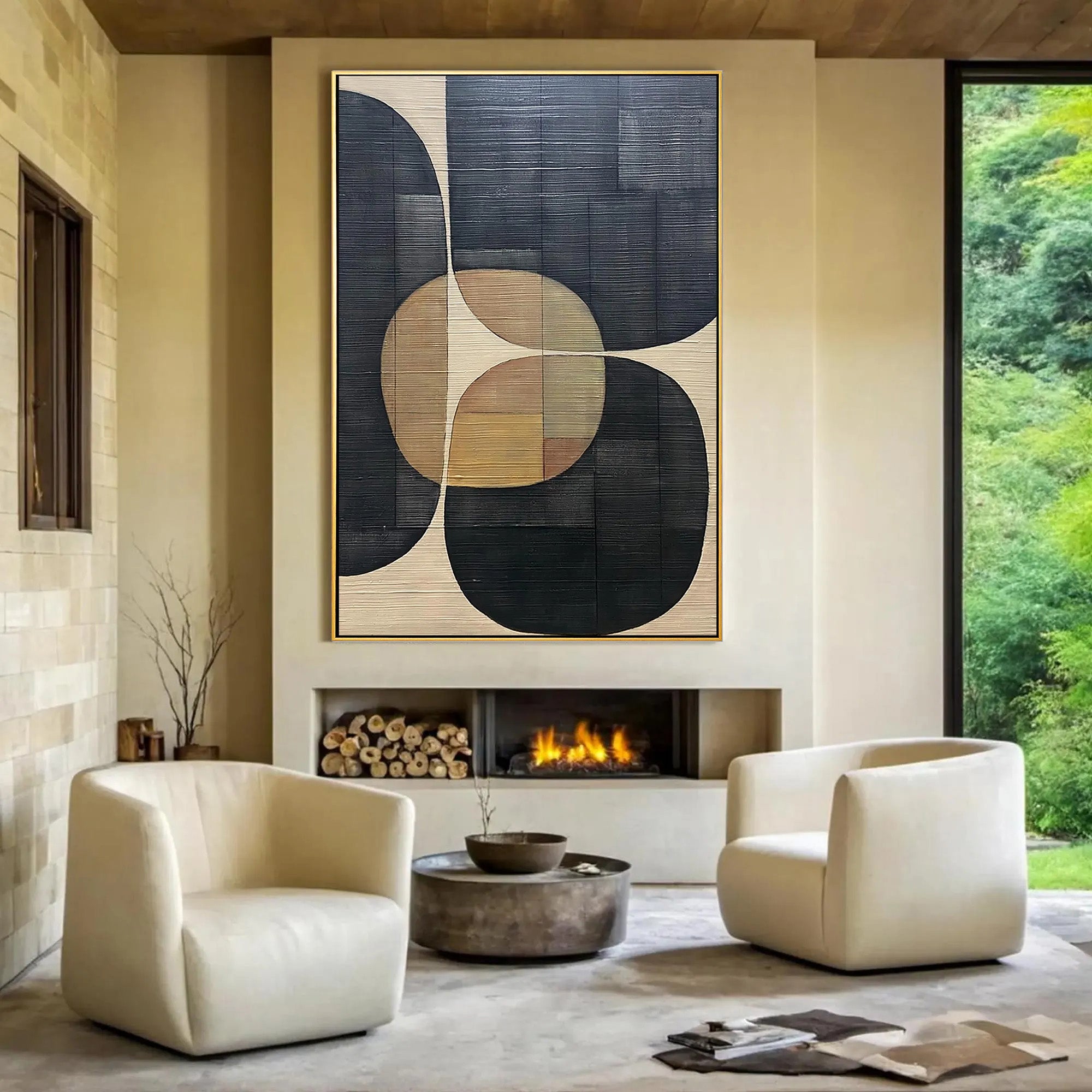 BAUHAUS RHYTHM- Mid-century Modern Geometric Art | Neutral Tone Abstract Textured Hallway Painting