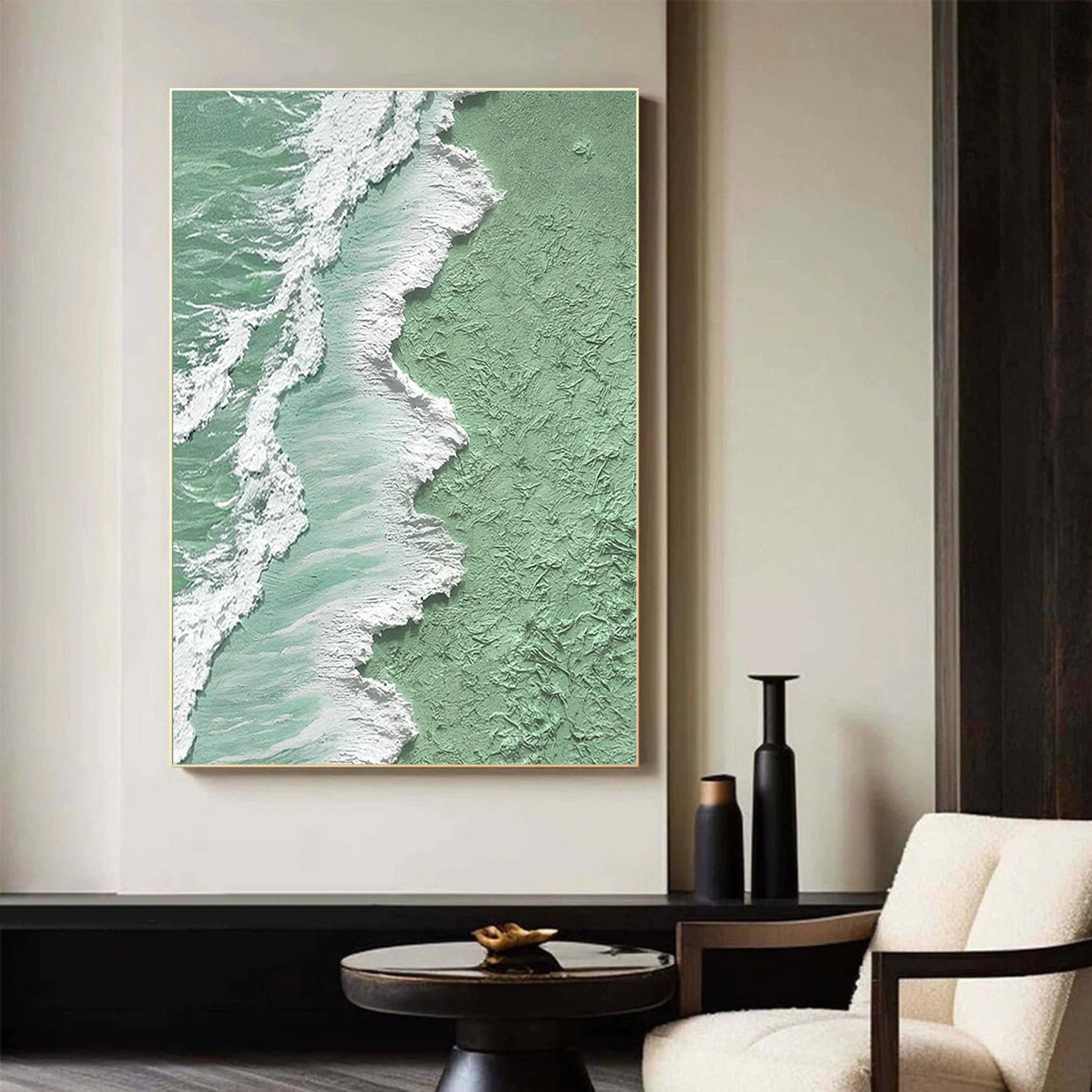 Oxygen Shore – Modern Textured Painting | Creative Wabi-Sabi Mint Green Sea Wave Entryway Art