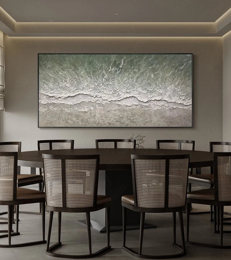 Tidal Whispers – Modern Coastal Sage Green Ocean Wave Painting | Horizontal Textured Living Room Art
