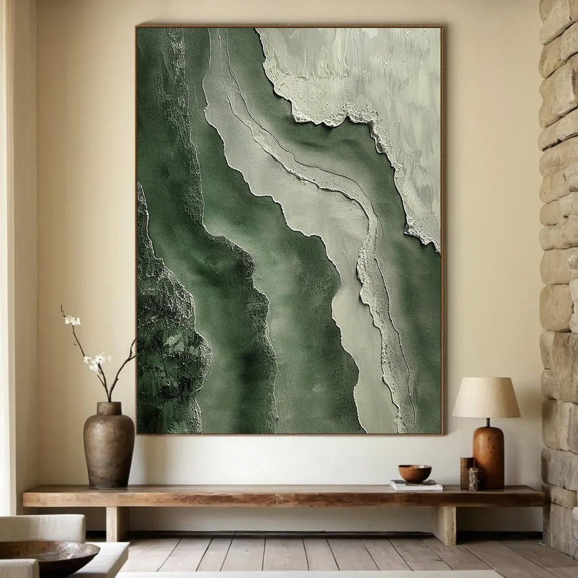 Moss Strata – Hand-Painted Deep Green and Sage Plaster Effect Wave Texture Painting | Organic Contemporary Texture Living Room & Bedroom Art