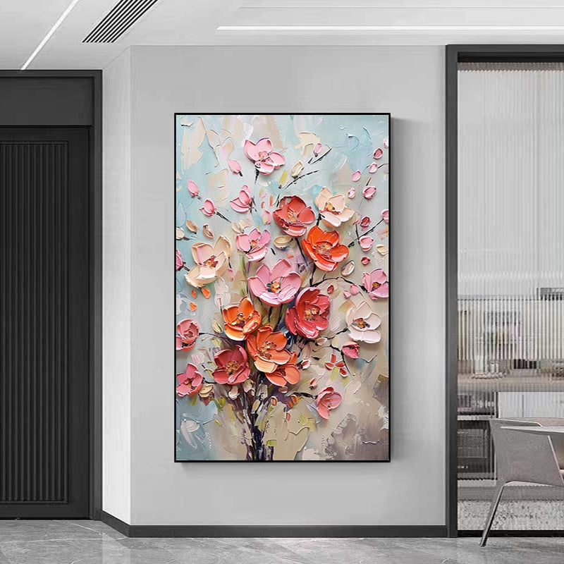 Coral Radiance – Hand-Painted Pink and Orange 3D Relief Plaster Effect Floral Painting | Heavy Texture Gallery Art