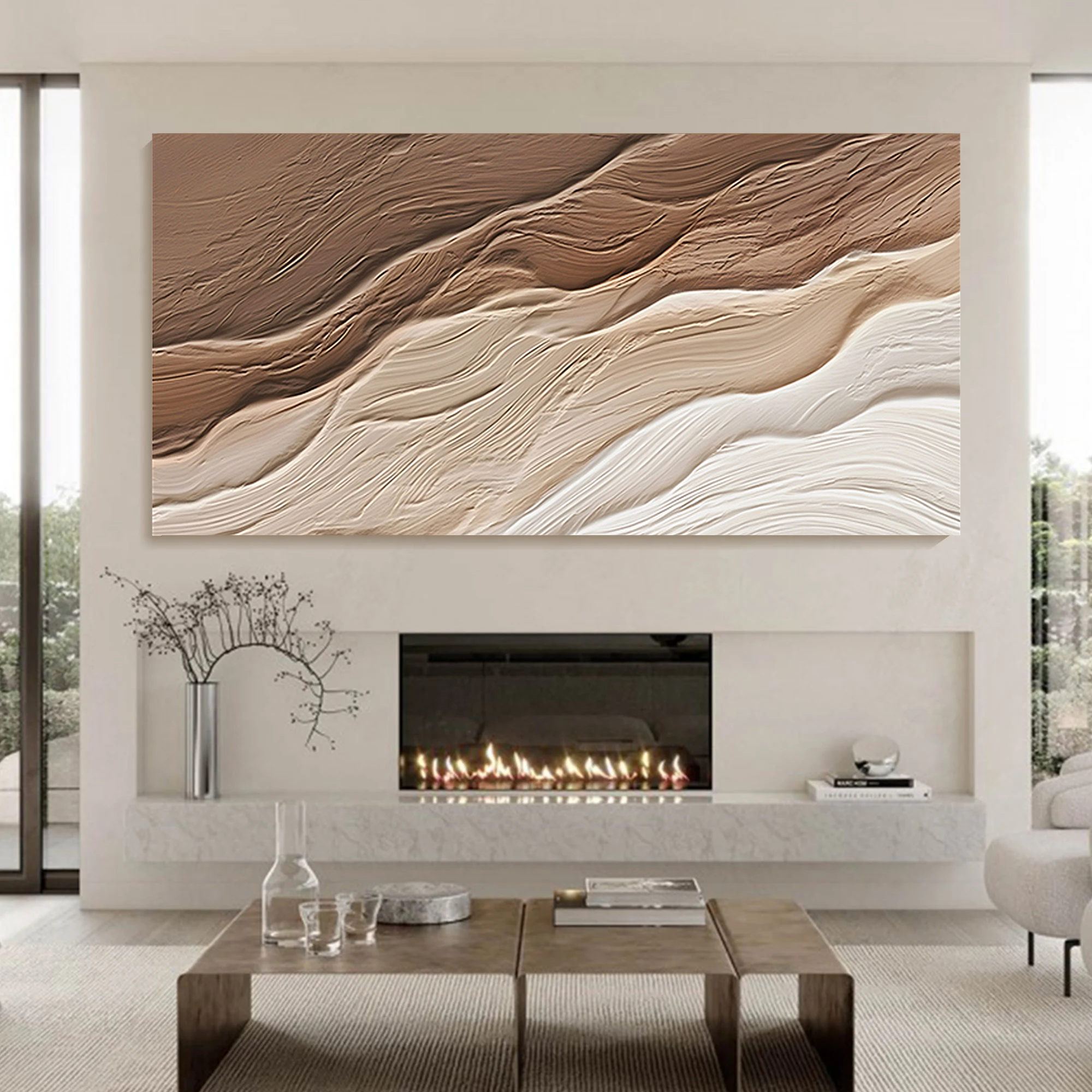 Sedimentary Flow – Hand-Painted Chocolate and Oat Linear Plaster Relief Texture Painting | Contemporary Plaster Texture Living Room & Office Art