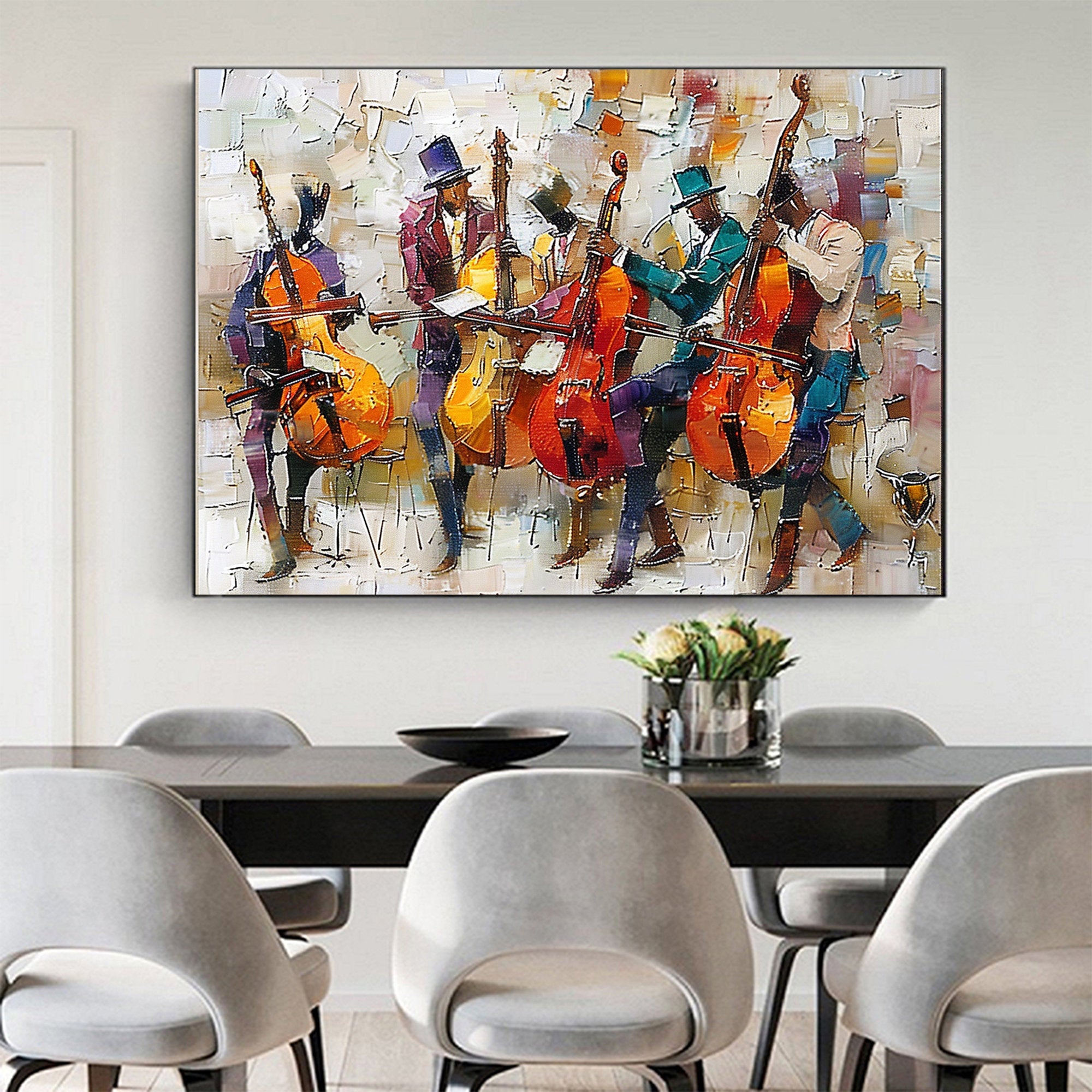 Jazz Rhythm – Hand-Painted Abstract Cello Ensemble Musical Palette Knife Textured Oil Portrait Painting | Contemporary Expressionist Living Room & Office Art