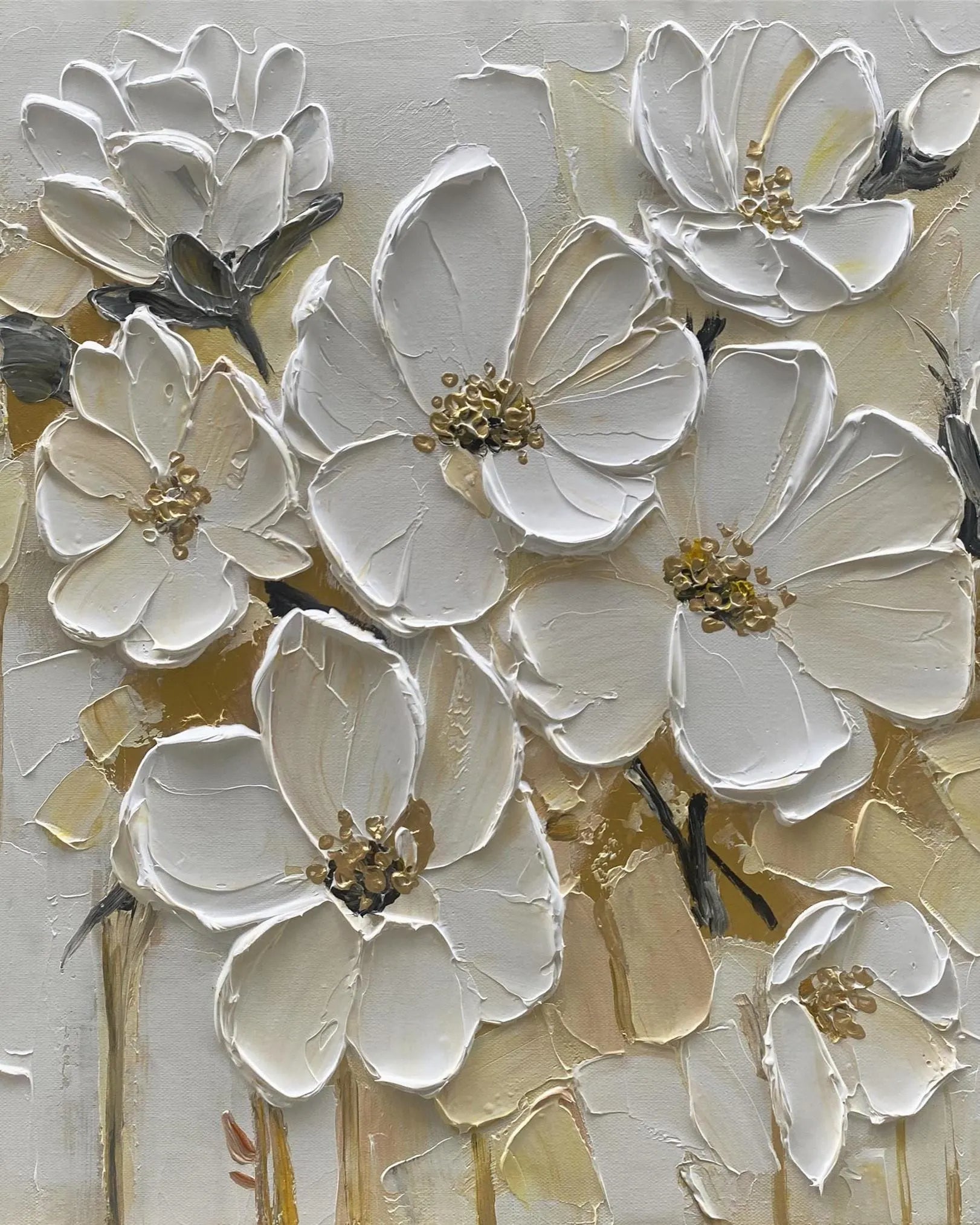 Creamy Bloom – White Petal Relief Floral Painting | Soft Organic Botanical Bedroom & Living Room Art