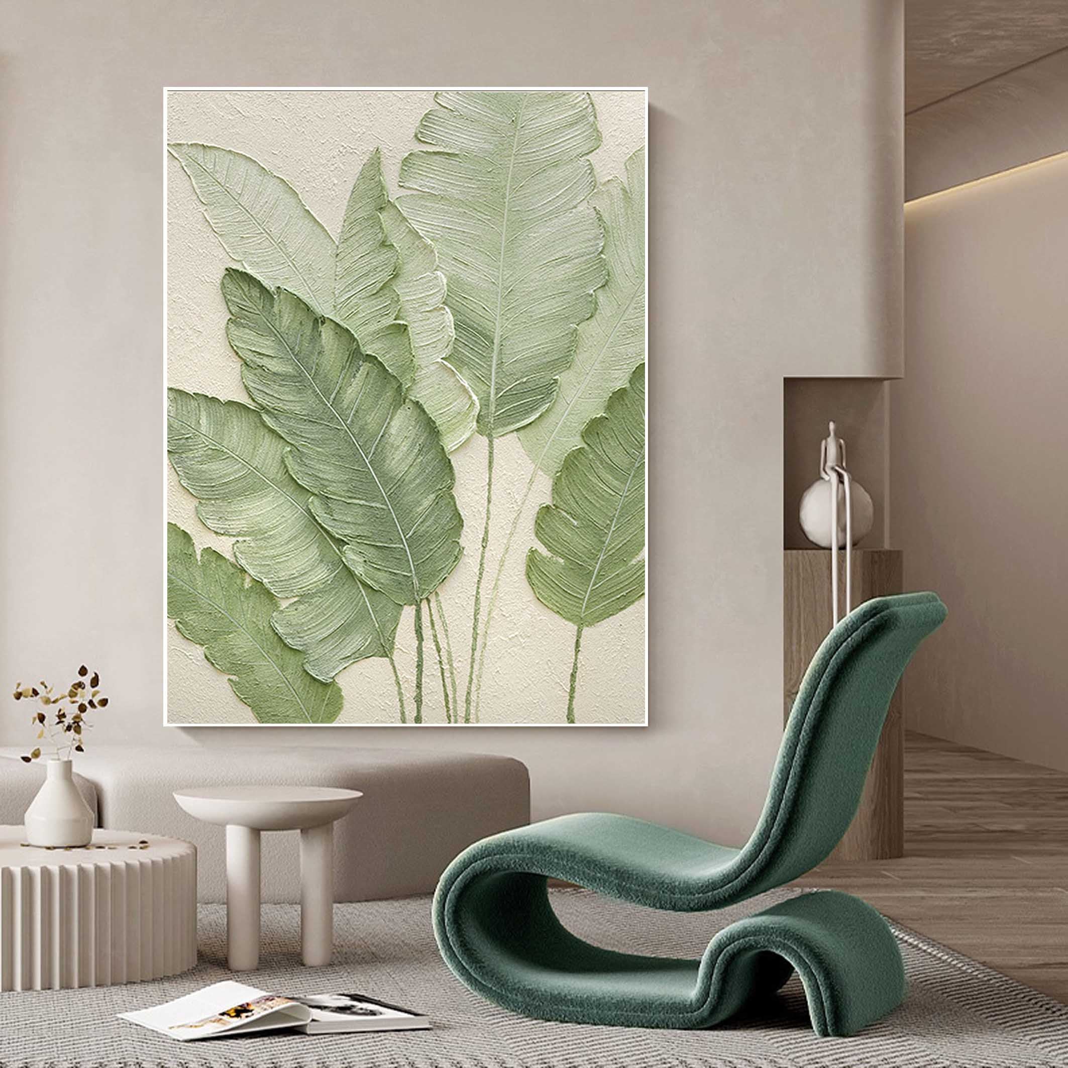 EMERALD WHISPER: 3D Textured Banana Leaf Wall Art, Right-Facing Botanical Relief with Gold Edges
