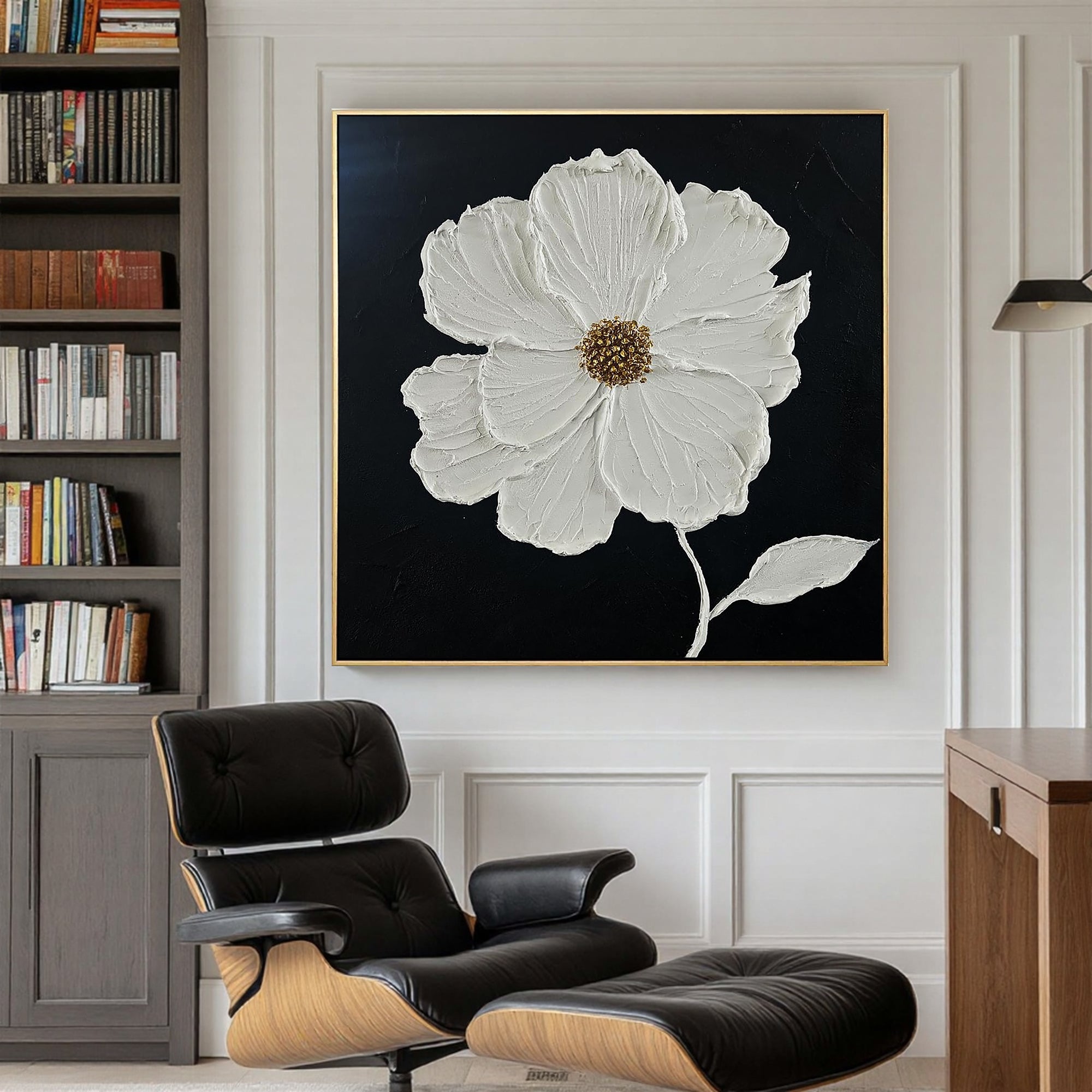 Pure Bloom – Hand-Painted Black and White Minimalist Petal Plaster Relief Floral Painting | Minimalist Botanical Bedroom & Living Room Art