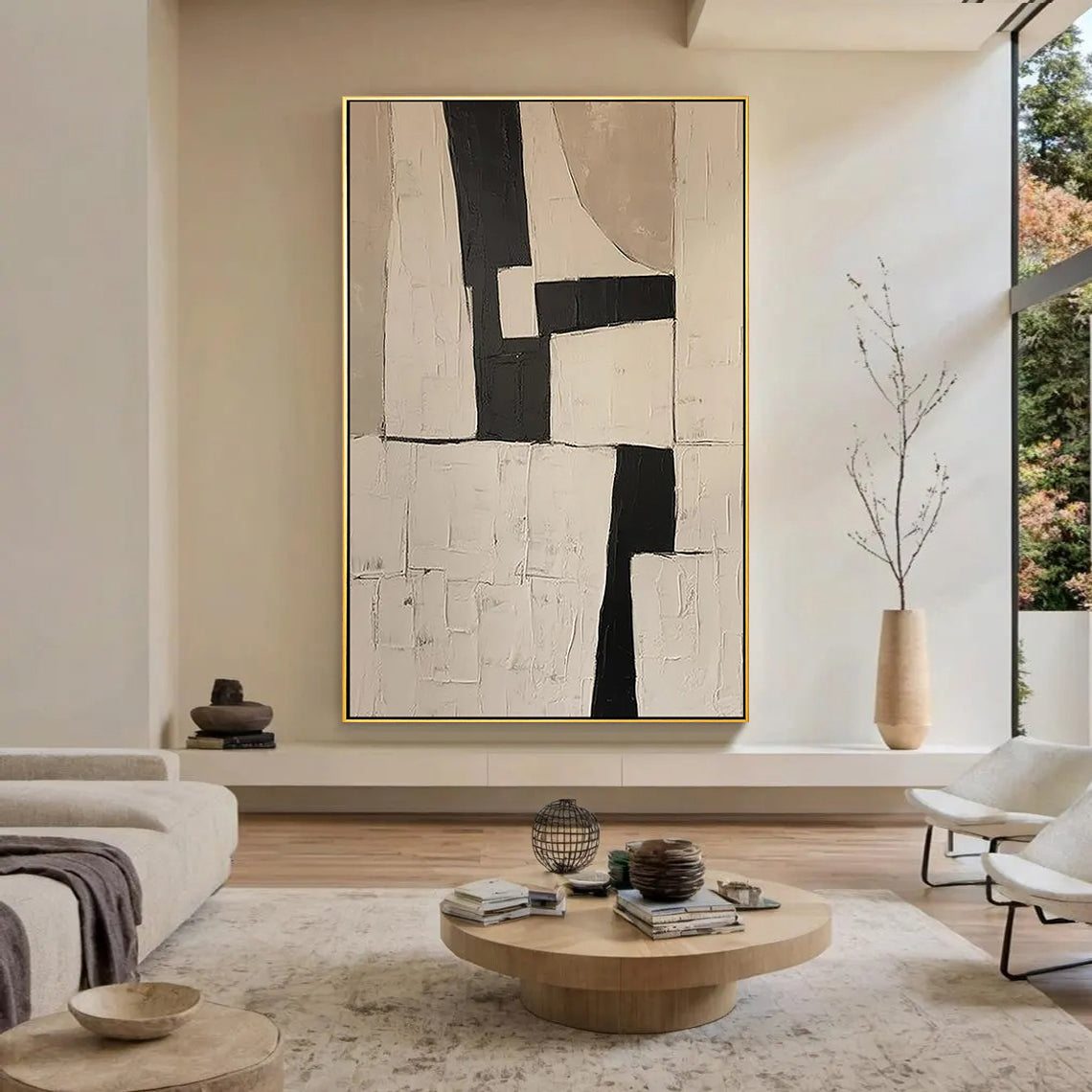 Monolith Trace – Hand-Painted Black and Beige Plaster Relief Wabi-Sabi Painting | Japandi Organic Wabi-Sabi Living Room & Hallway Art