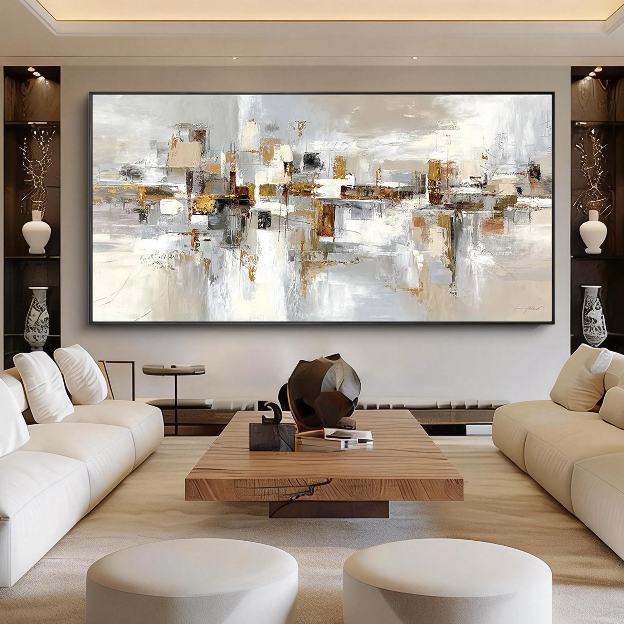 SHIFTED PLANES- Panoramic Neutral Tone Abstract Art | Heavy Texture Earthy Living Room Wall Painting