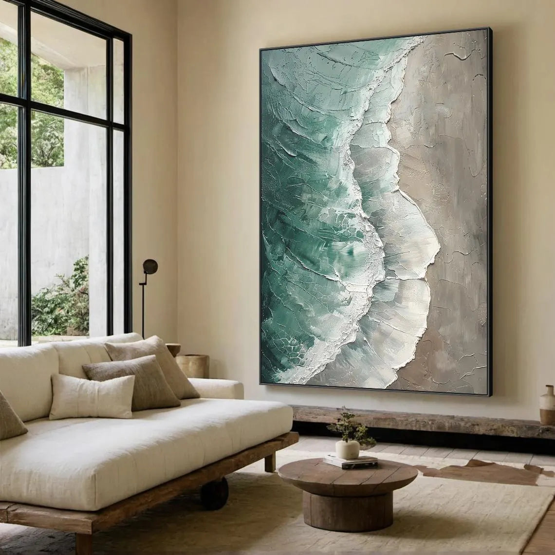 Ethereal Tide – Modern Textured Painting | Creative Wabi-Sabi Teal Ocean Wave Entryway Art