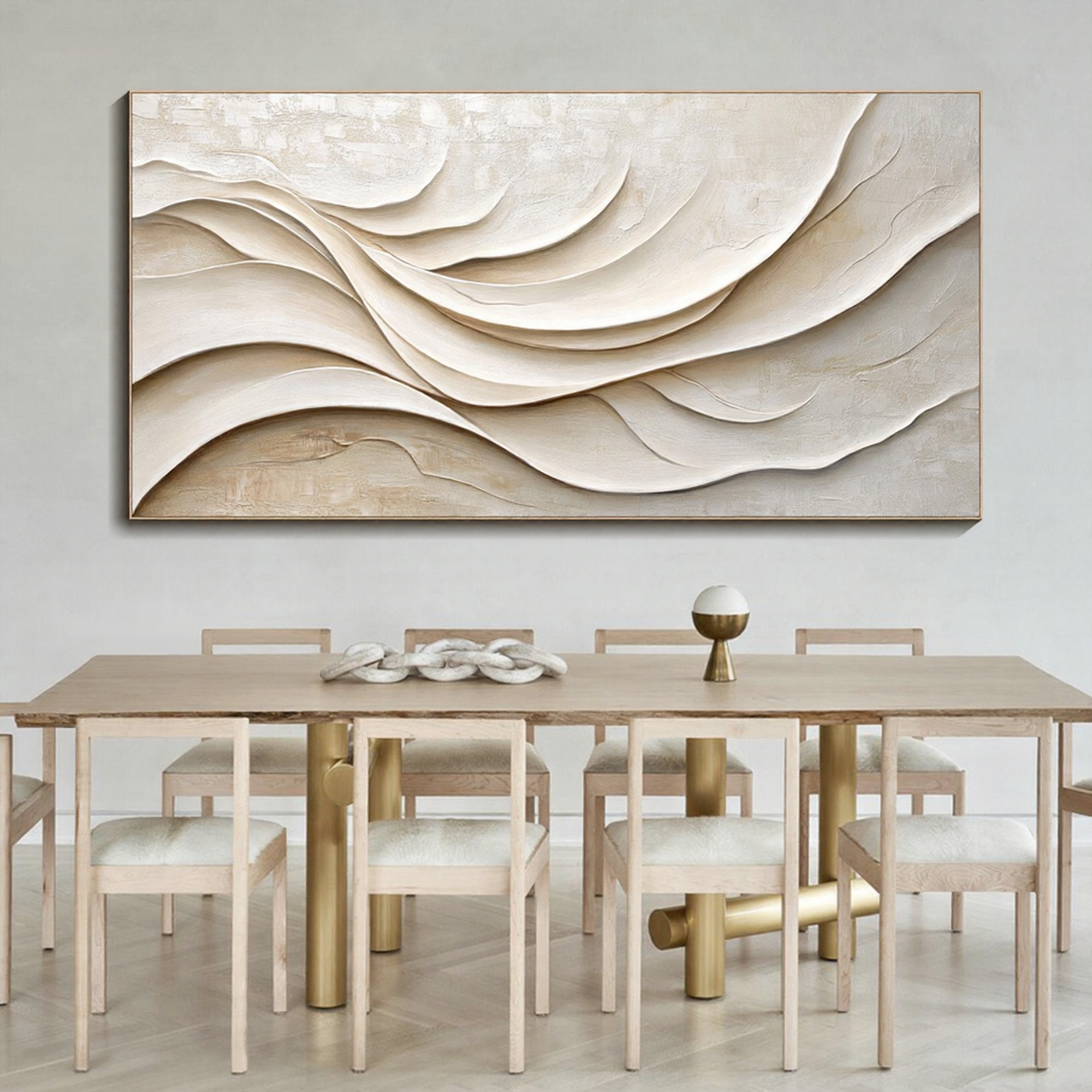 Silk Ripple – Hand-Painted Creamy White Fluid Plaster Relief Minimalist Painting | Modern Minimalist Bedroom & Home Office Art