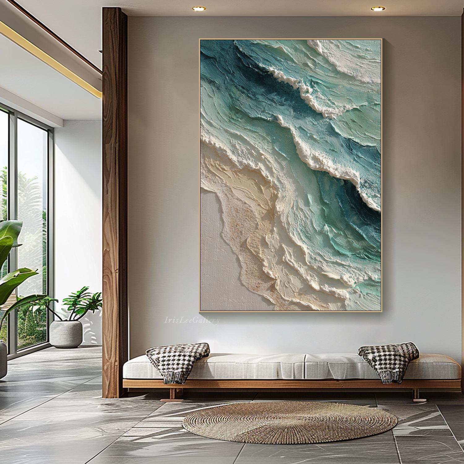 Aqua Surge – 3D Heavy Texture Coastal Seascape Hand-Painted Ocean Painting | Coastal Modern Living Room & Bedroom Art