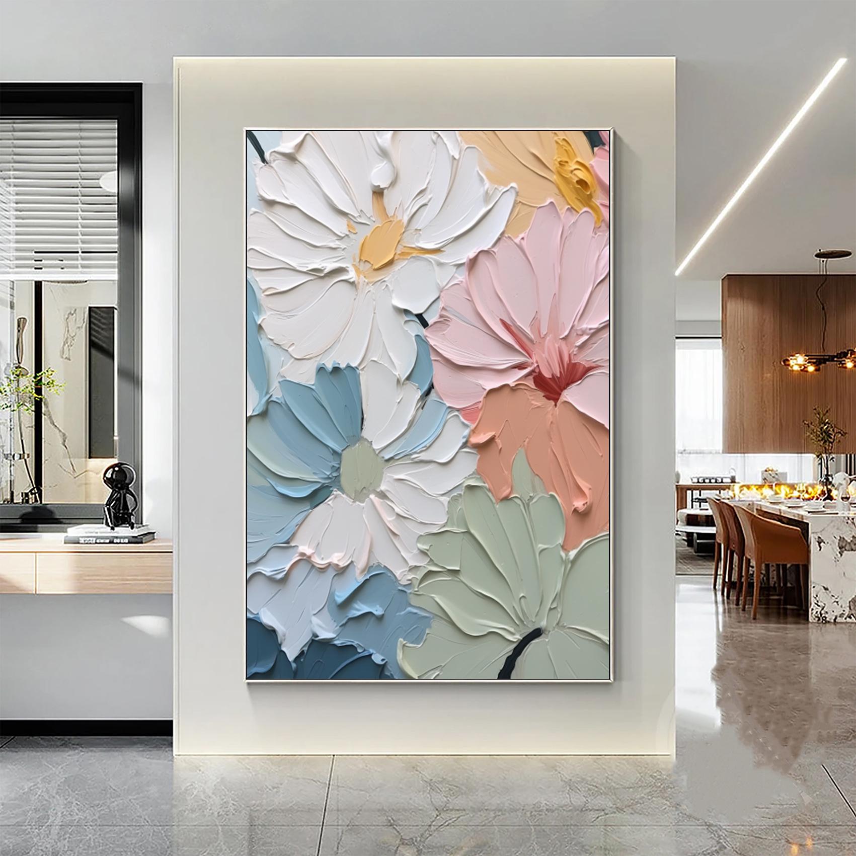 Pastel Blooms – Hand-Painted 3D Impasto Multicolored Flower Thick Floral Painting | Vibrant Botanical Living Room & Dining Room Art