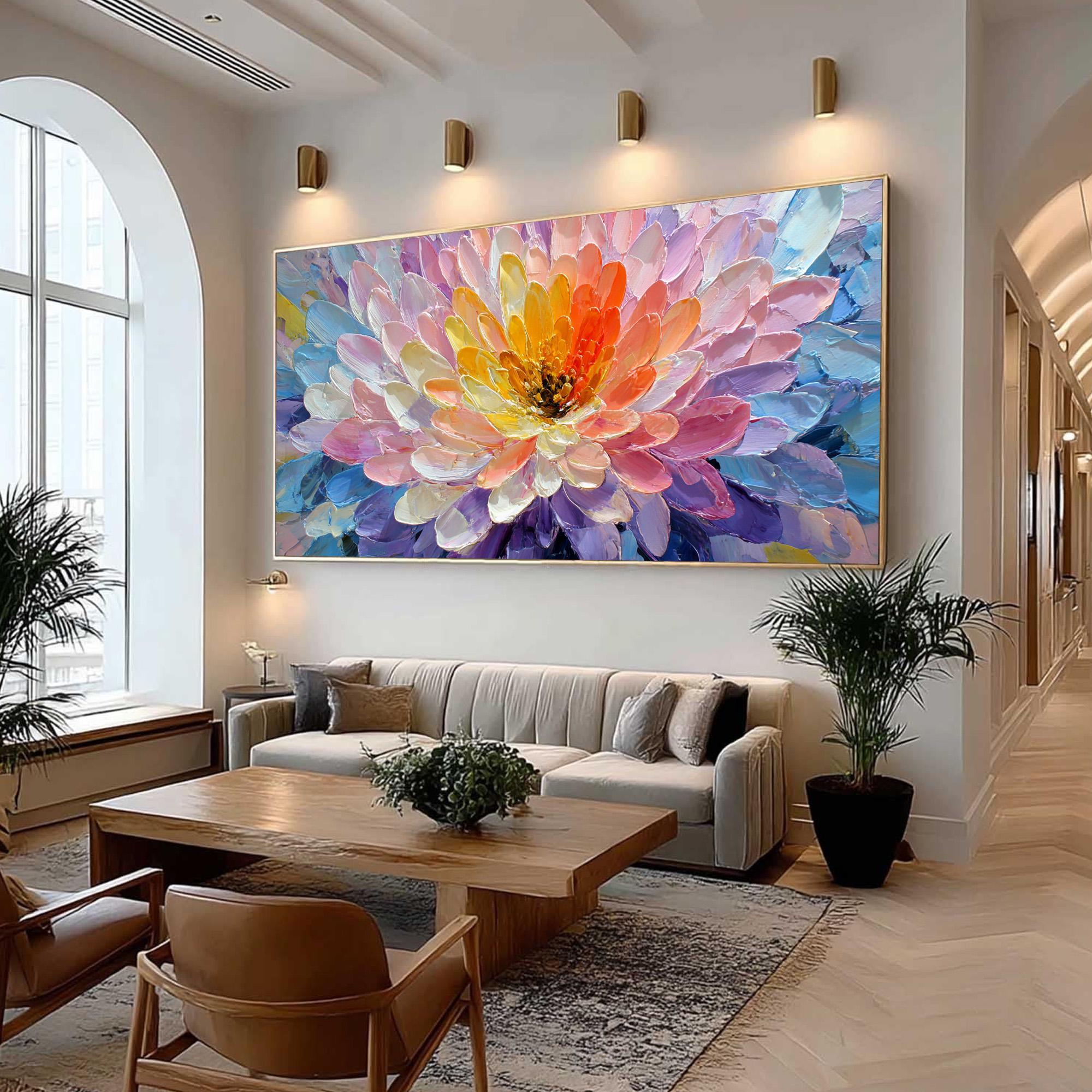 Vivid Bloom – Modern Rainbow Petal Relief Floral Painting | Vibrant Botanical Living Room & Dining Room Art