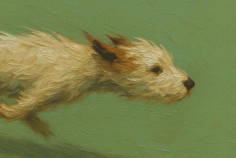 Free Spirit Run – Sage Green Minimalist Impasto Dog Oil Painting | Modern Cozy Pet Theme Hallway Art