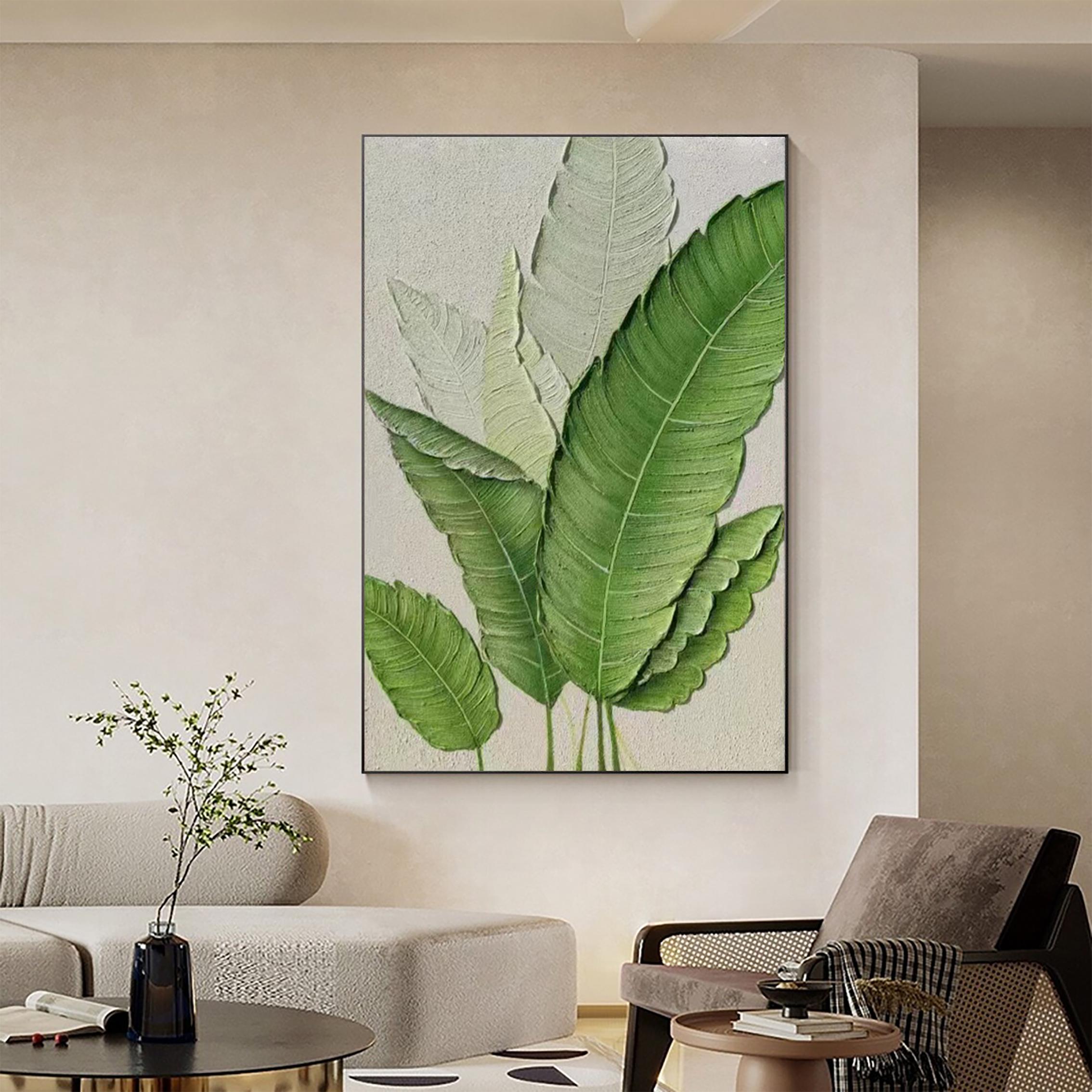 Verdant Leaf – Hand-Painted Fresh Green Banana Leaf Plaster Relief Floral Painting | Tropical Botanical Bedroom & Dining Room Art