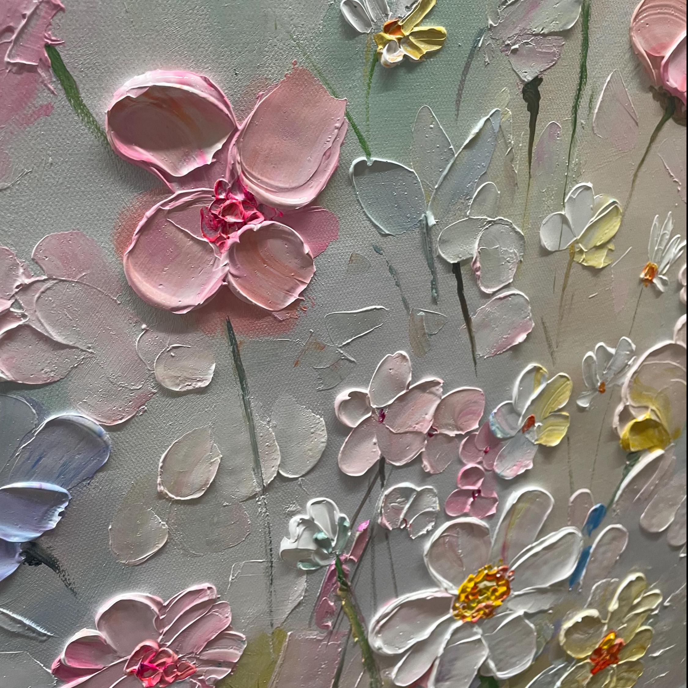 Wild Daisy – Hand-Painted Minimalist Beige and Pink 3D Floral Painting | Soft Organic Botanical Bedroom & Living Room Art