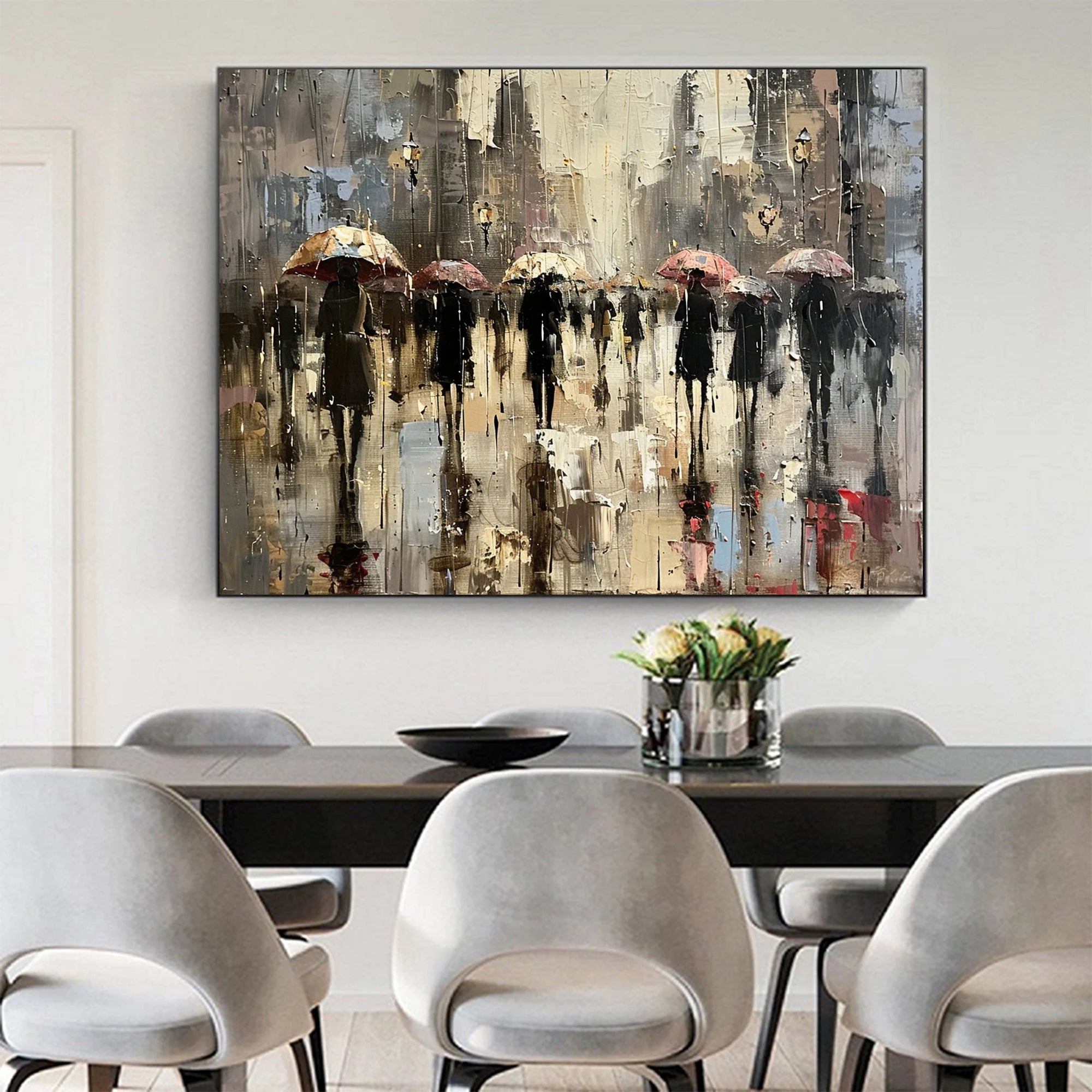 People-portraits #PE 485URBAN DRIZZLE: People Portrait Art, Hand-Painted Rainy Street Cityscape Umbrella Impressionist Textured Oil Painting
