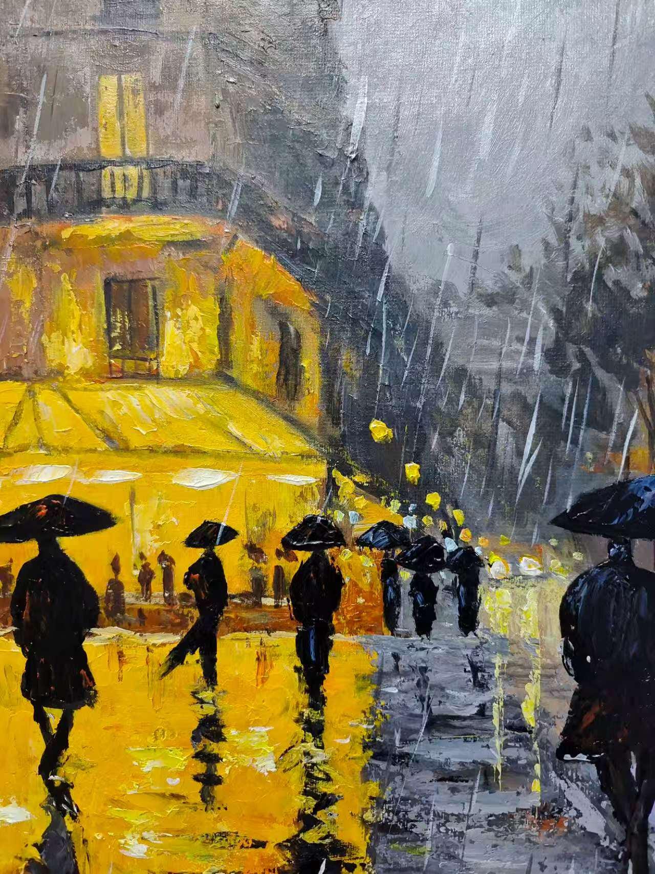 Raindrop Glow – Romantic Cityscape Oil Impressionist Painting | Contemporary Expressionist Living Room & Office Art