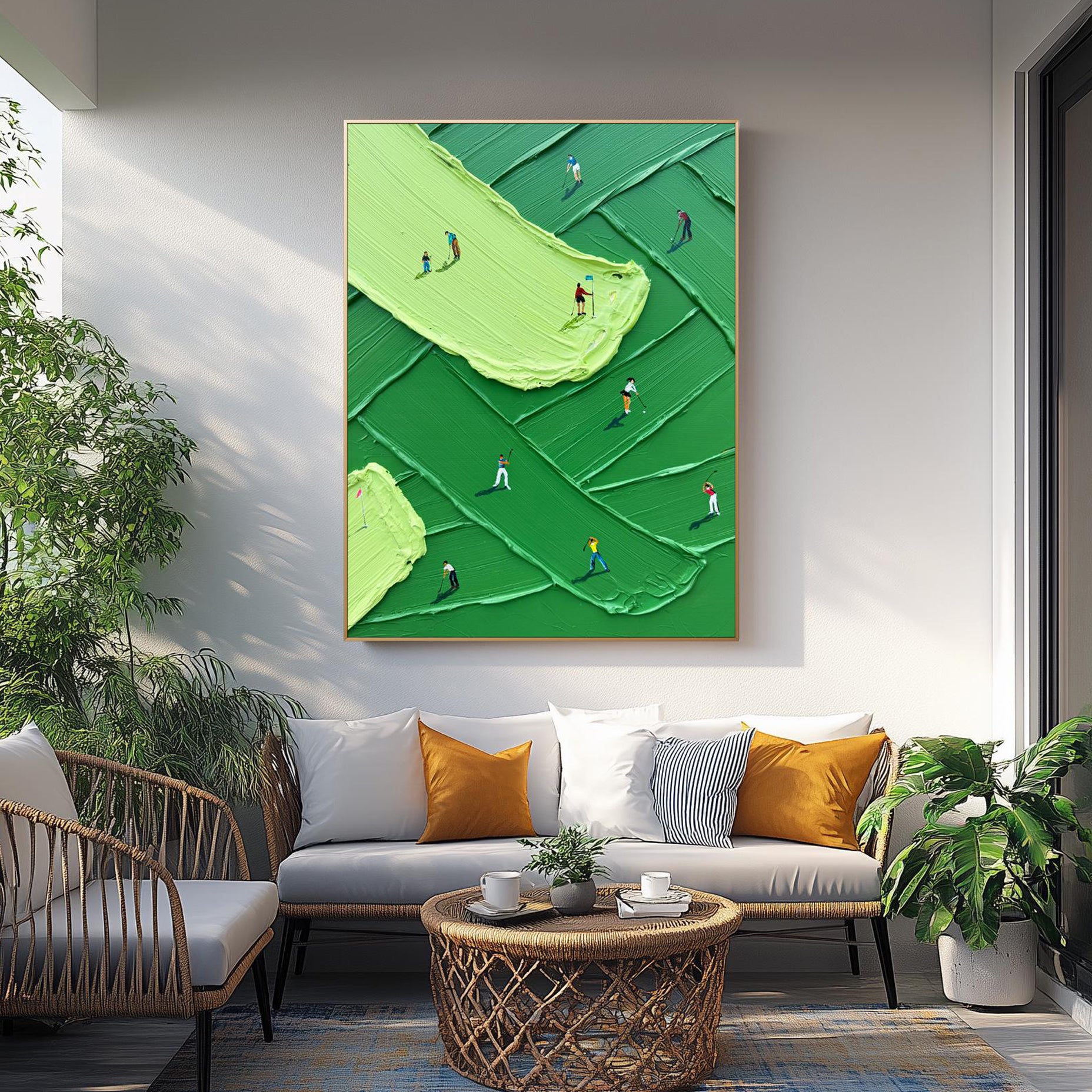 VIBRANT FAIRWAY: Sport Wall Art, Hand-Painted Green Grass Texture Minimalist Golfers 3D Heavy Texture Canvas Painting