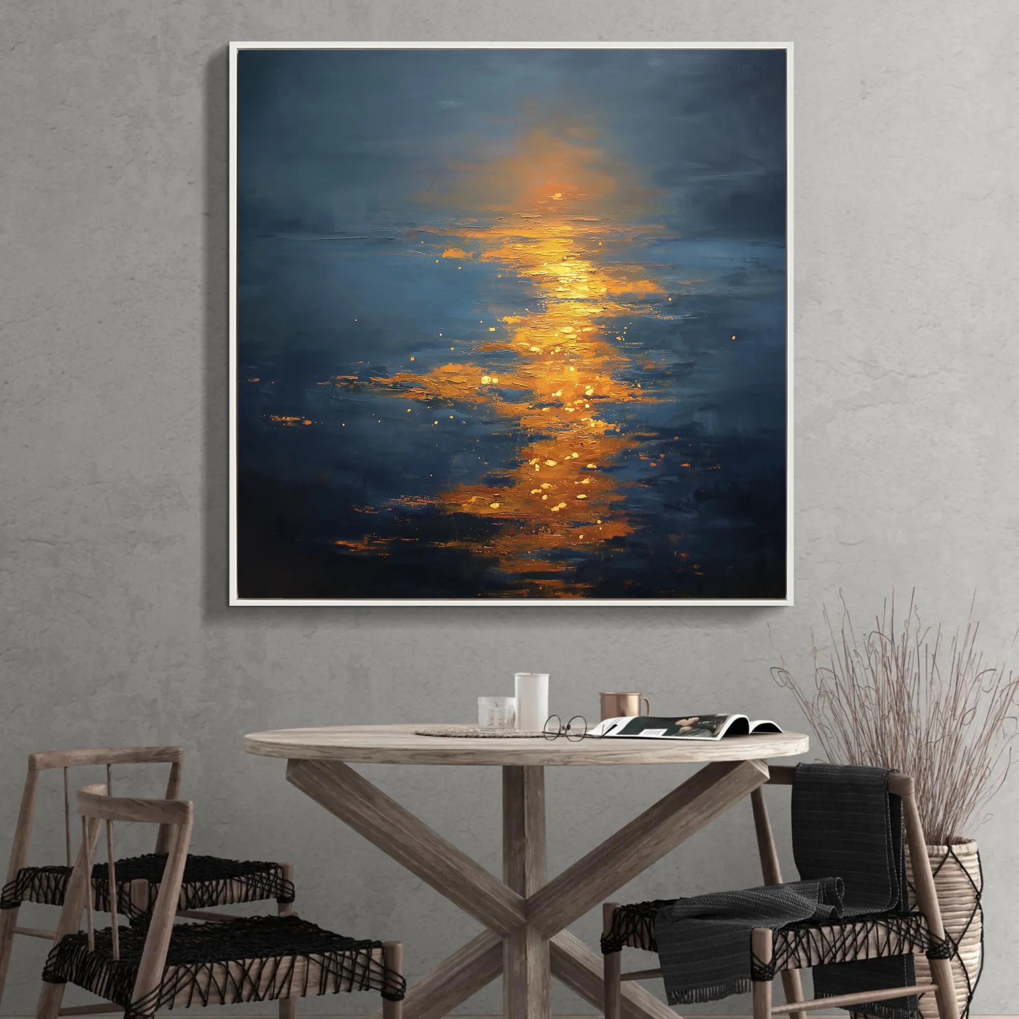 Golden Path – Deep Blue & Gold Sunset Impasto Texture Painting | Coastal Modern Living Room & Bedroom Art