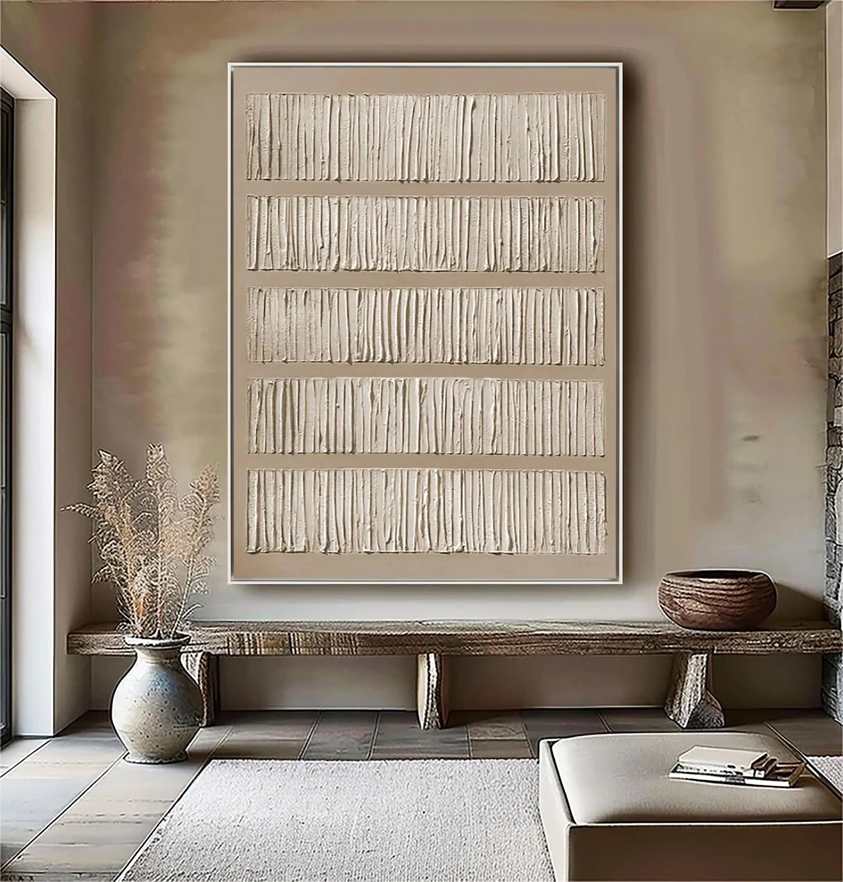 Linear Rhythm – Hand-Painted Neutral Tone Line Plaster Relief Texture Painting | Japandi Organic Texture Living Room & Bedroom Art