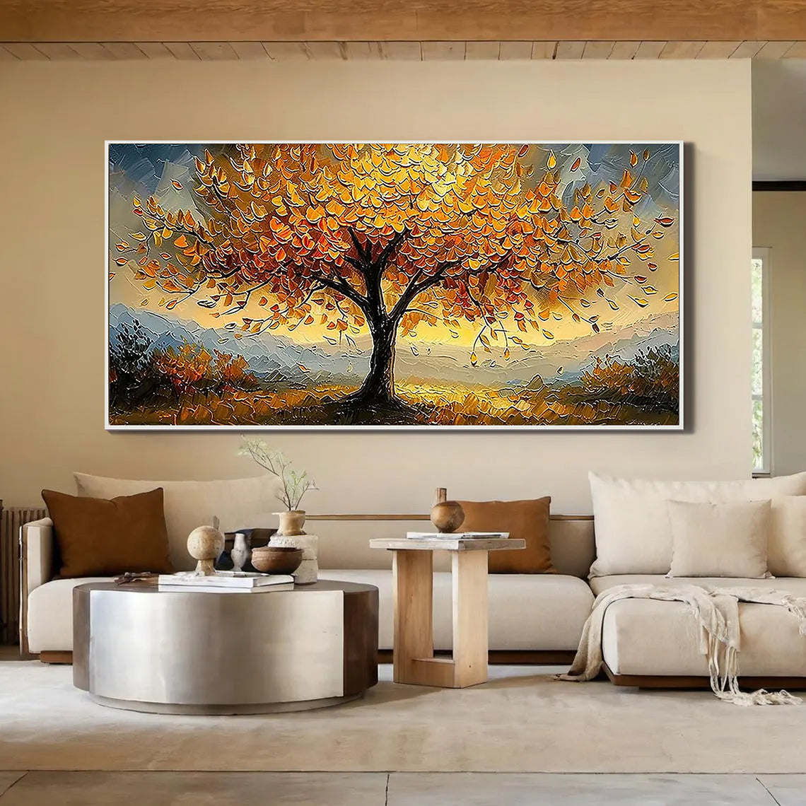 Golden Anthem – Modern Hand-Painted Impasto Oil Painting | Textured Tree of Life Living Room Art