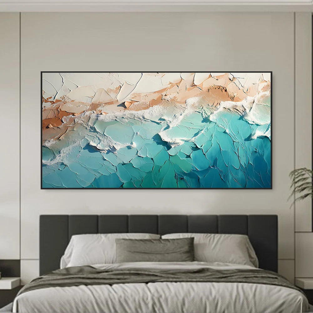 EMERALD COAST: Texture Wall Art, Hand-Painted Horizontal Emerald Green and Sand Plaster Relief 3D Heavy Texture Studio Art