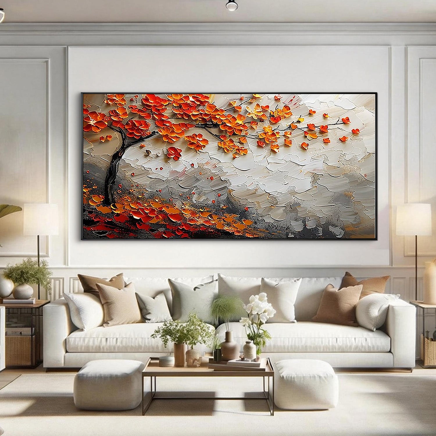 Autumn Anthem – Modern Orange and Crimson Blossom Tree Painting | Luxury Textured Living Room Art