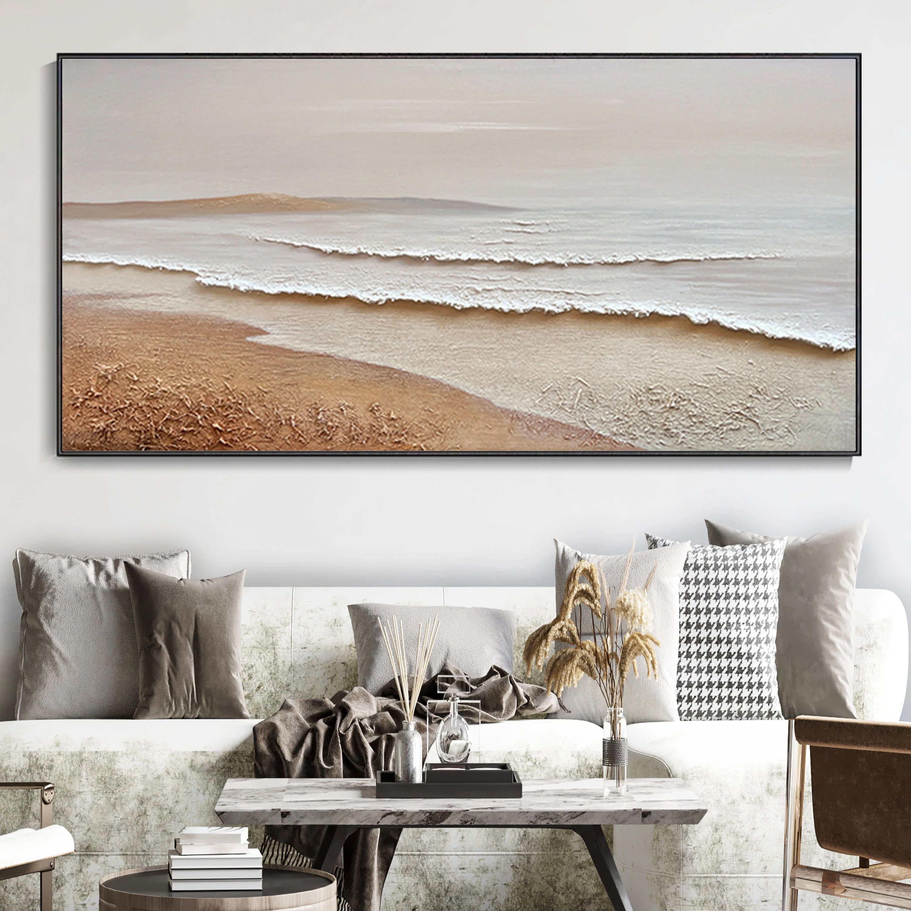 SANDY RHYTHM: Panoramic 3D Plaster Texture Coastal Wall Art, Wabi-Sabi Sand & Wave Relief
