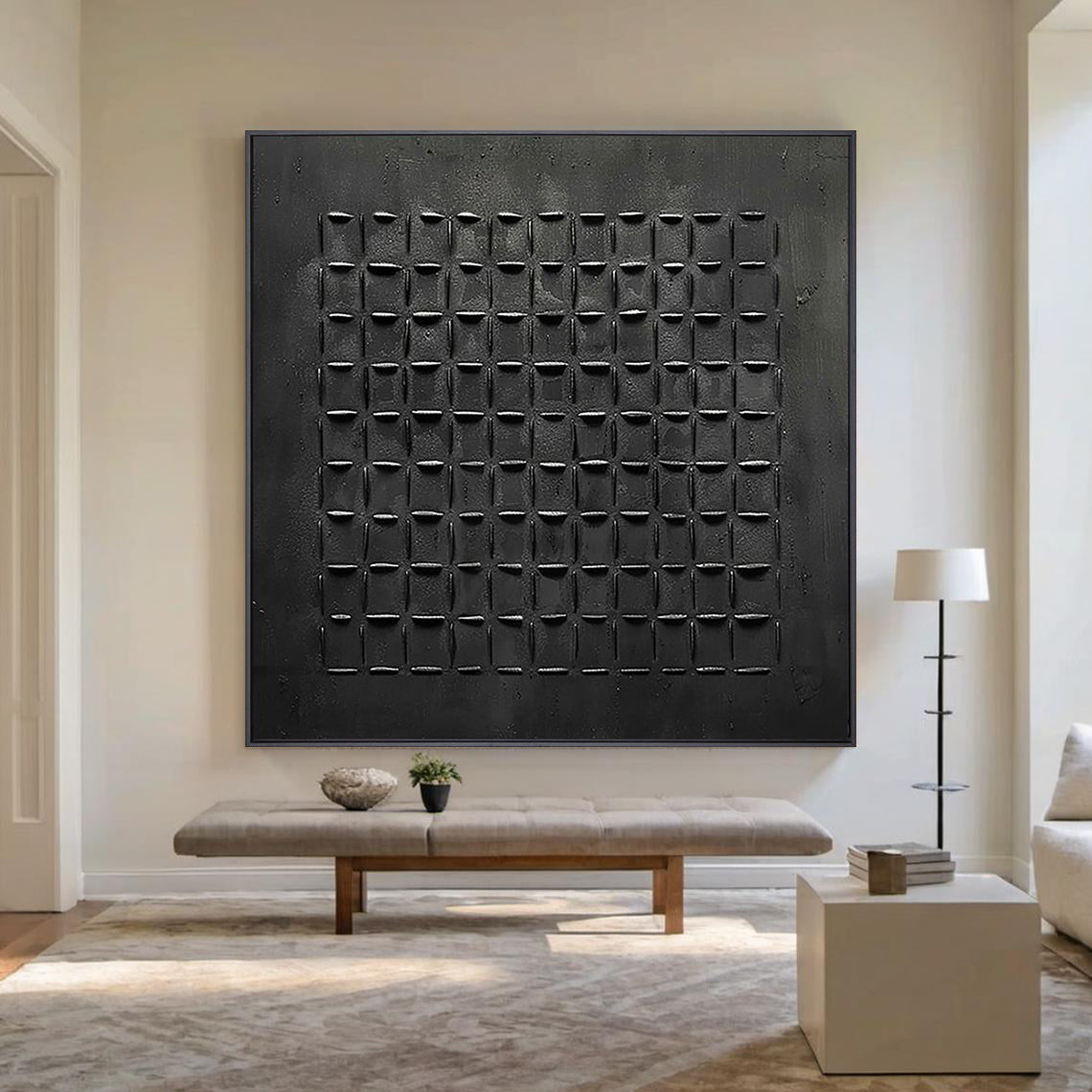 Onyx Grid – Modern Black Plaster Relief Abstract Wabi-Sabi Painting | Japandi Wabi-Sabi Living Room & Bedroom Art