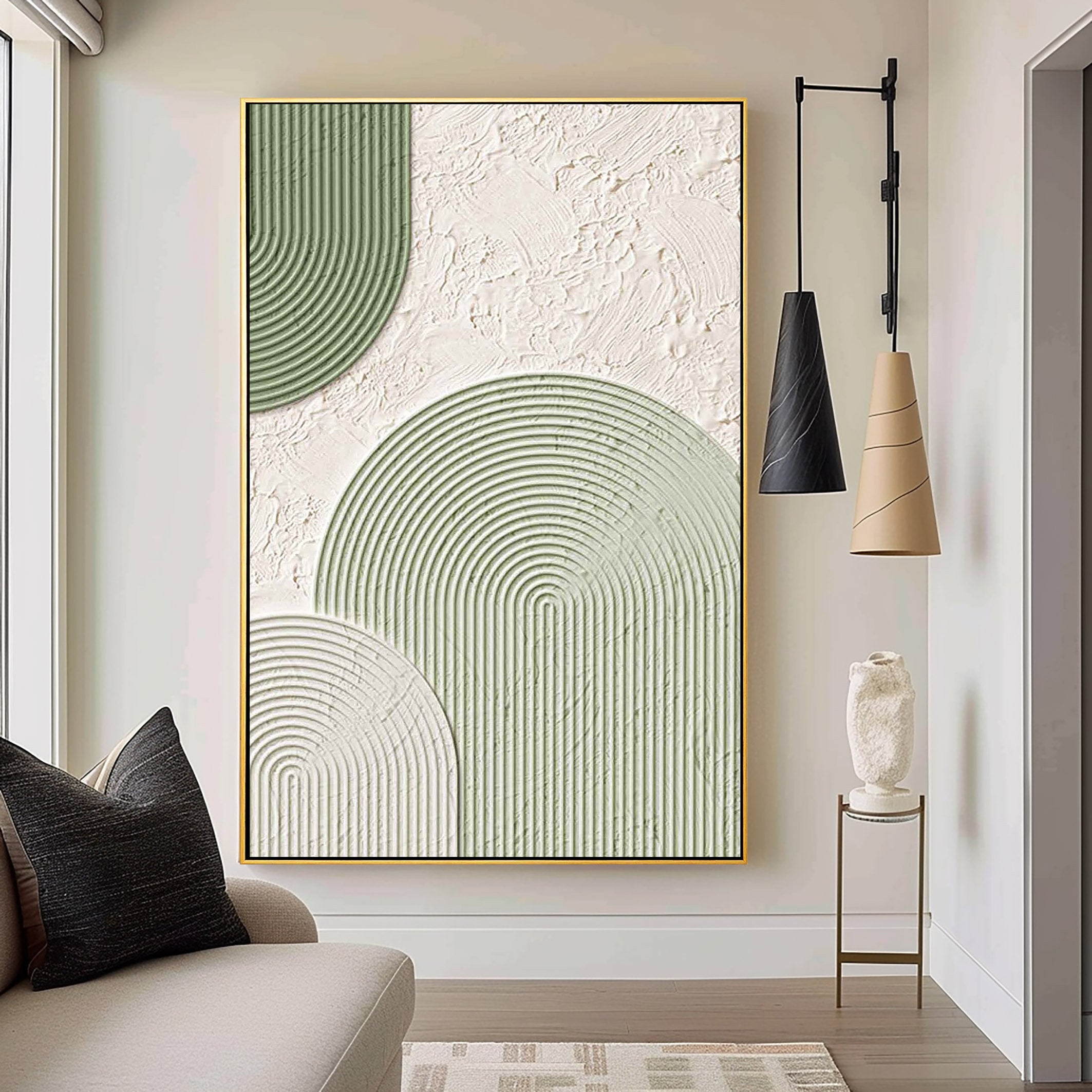 ZEN RADIANCE: Wabi-sabi Linear Arch Art, 3D Textured Sage Green Geometric Painting