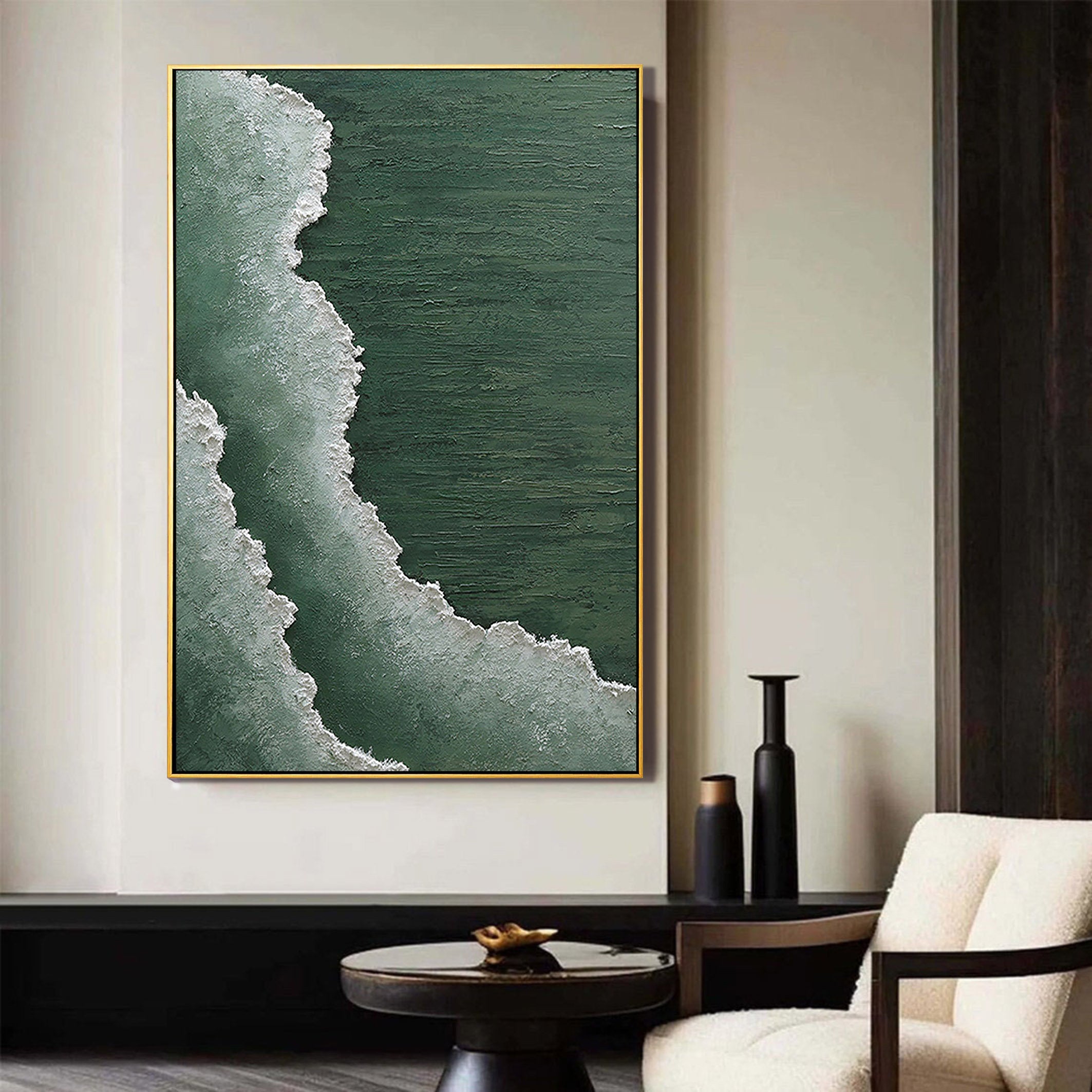 Emerald Tide – Deep Green Forest Sea Foam Relief Landscape Painting | Contemporary Landscape Living Room & Dining Room Art
