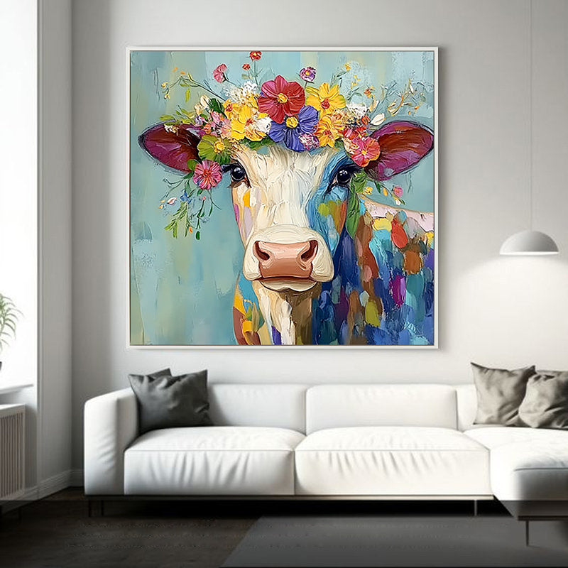Floral Heifer – Vibrant Expressionist Cow with Floral Crown Painting | Modern Farmhouse Hallway Art