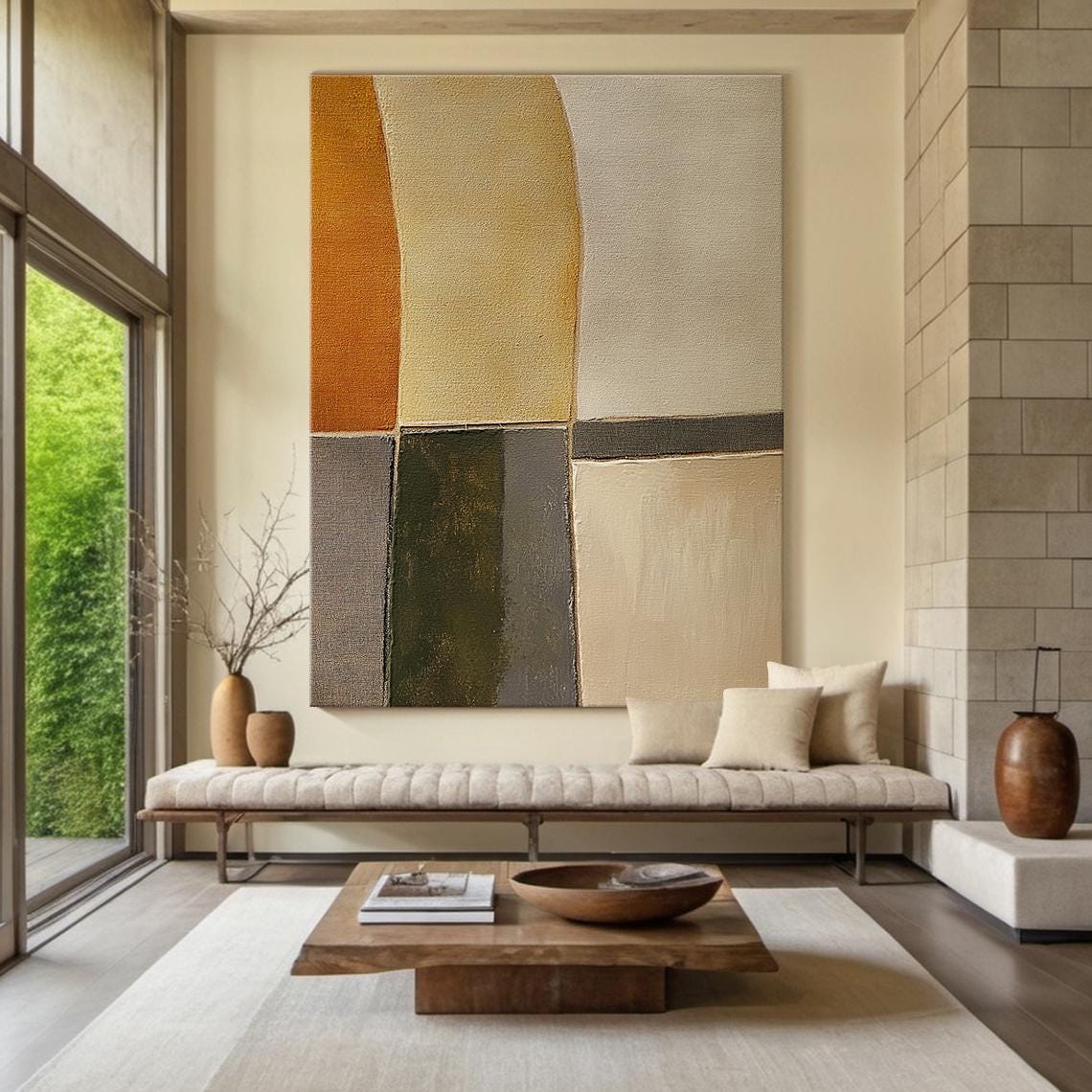 MID-CENTURY BLOCKS: Minimalist Wall Art, Hand-Painted Modern Abstract Ochre and Grey Textured Gallery Art