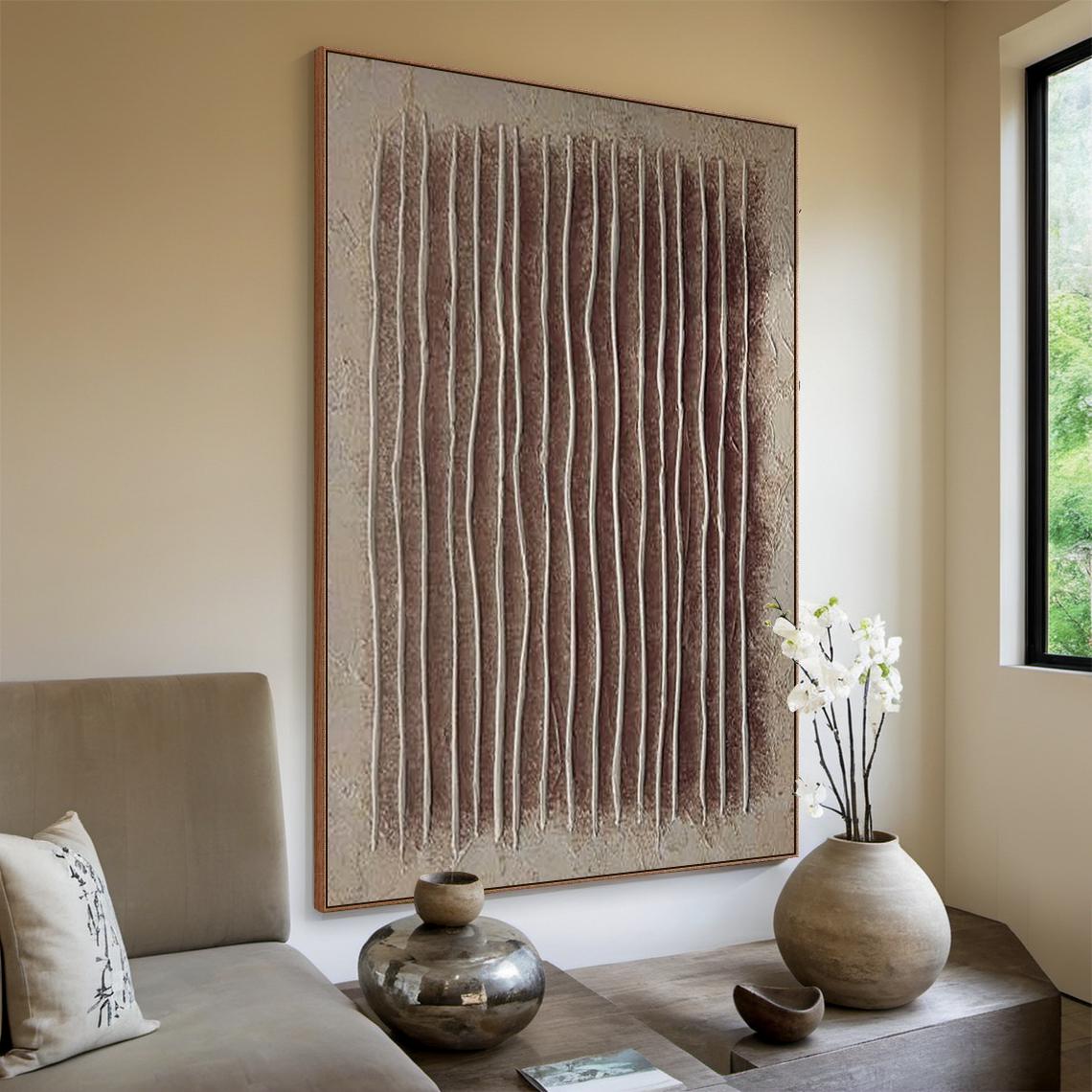 Vertical Echo – Hand-Painted Earthy Red and Beige Line Plaster Effect Wabi-Sabi Painting | Japandi Organic Wabi-Sabi Living Room & Hallway Art