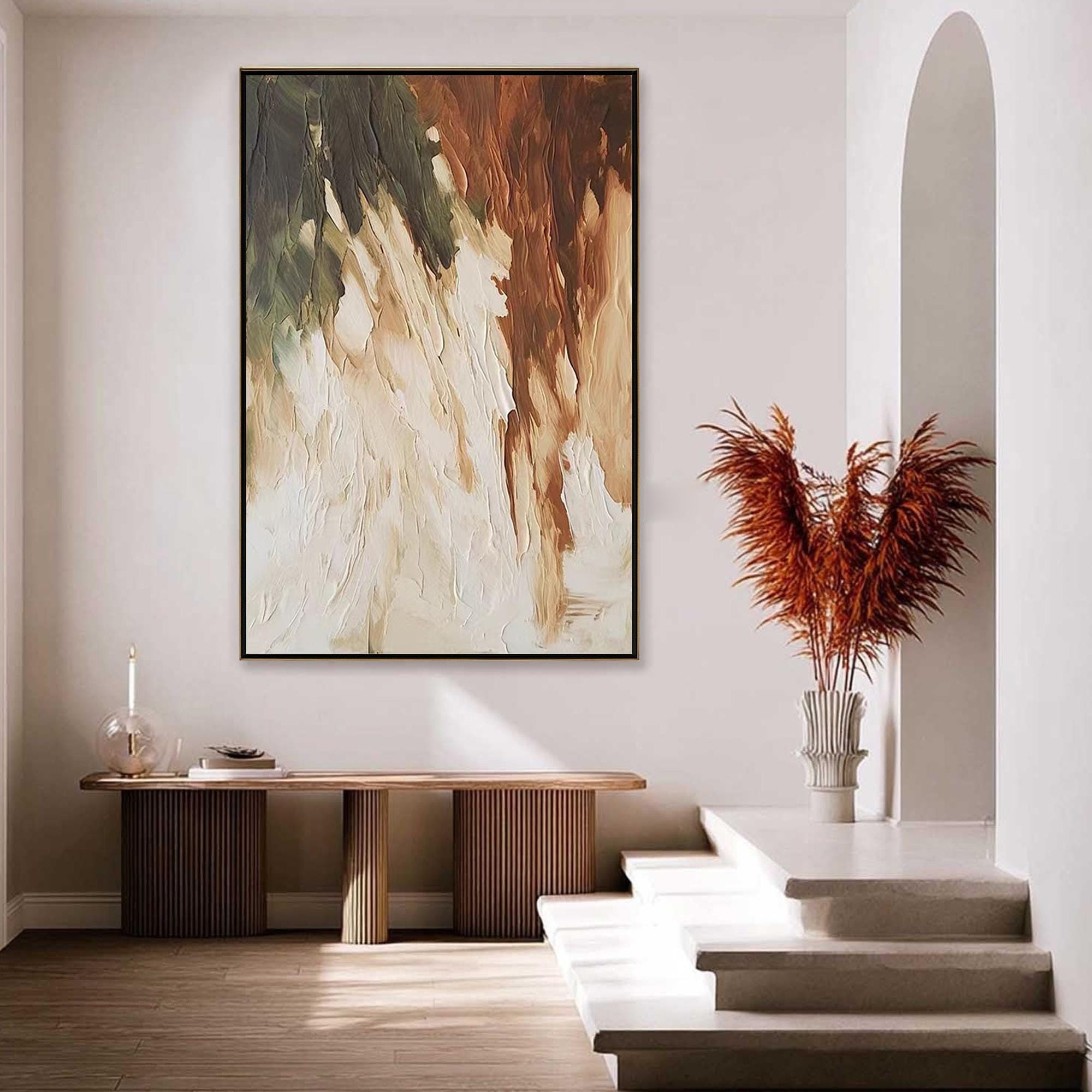 Creamy Cascade – Hand-Painted Minimalist Cream and Tan Diagonal Palette Knife Texture Painting | Modern Minimalist Bedroom & Home Office Art