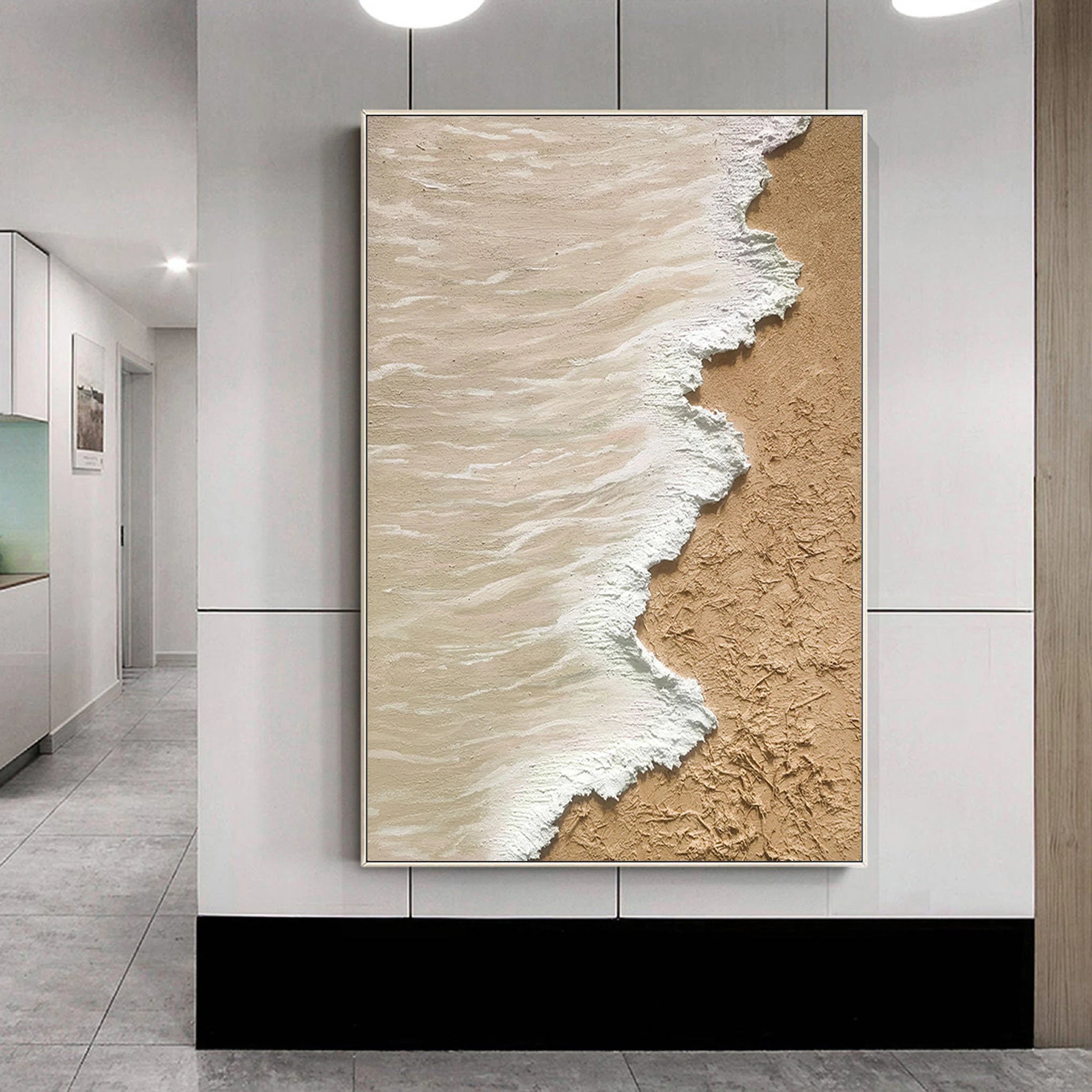 Sandy Shore – Hand-Painted Creamy White Sea Foam 3D Plaster Effect Nature Painting | Japandi Organic Texture Living Room & Bedroom Art